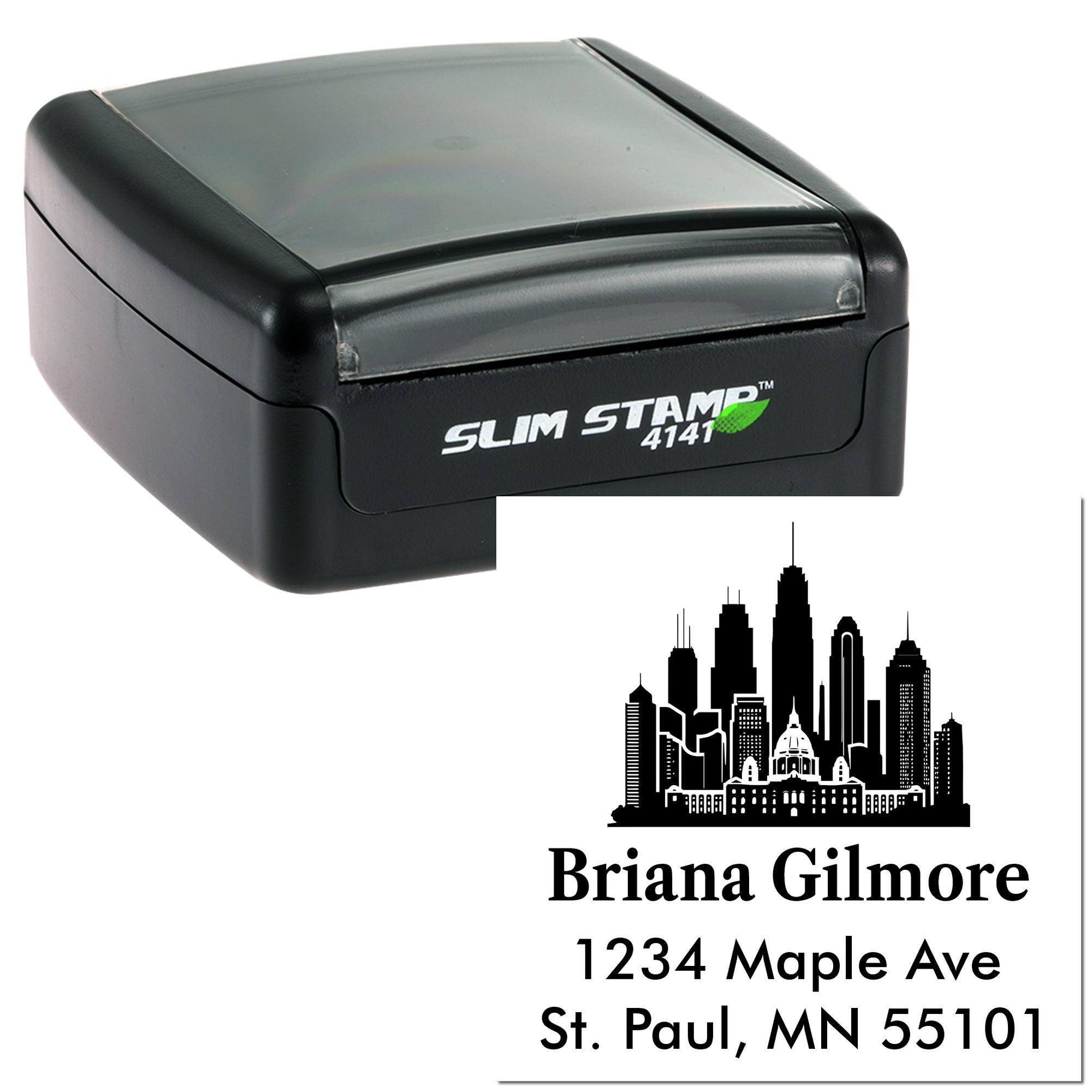 Slim Stamp 4141 custom return address rubber stamp with skyline design for Briana Gilmore, St. Paul, MN 55101