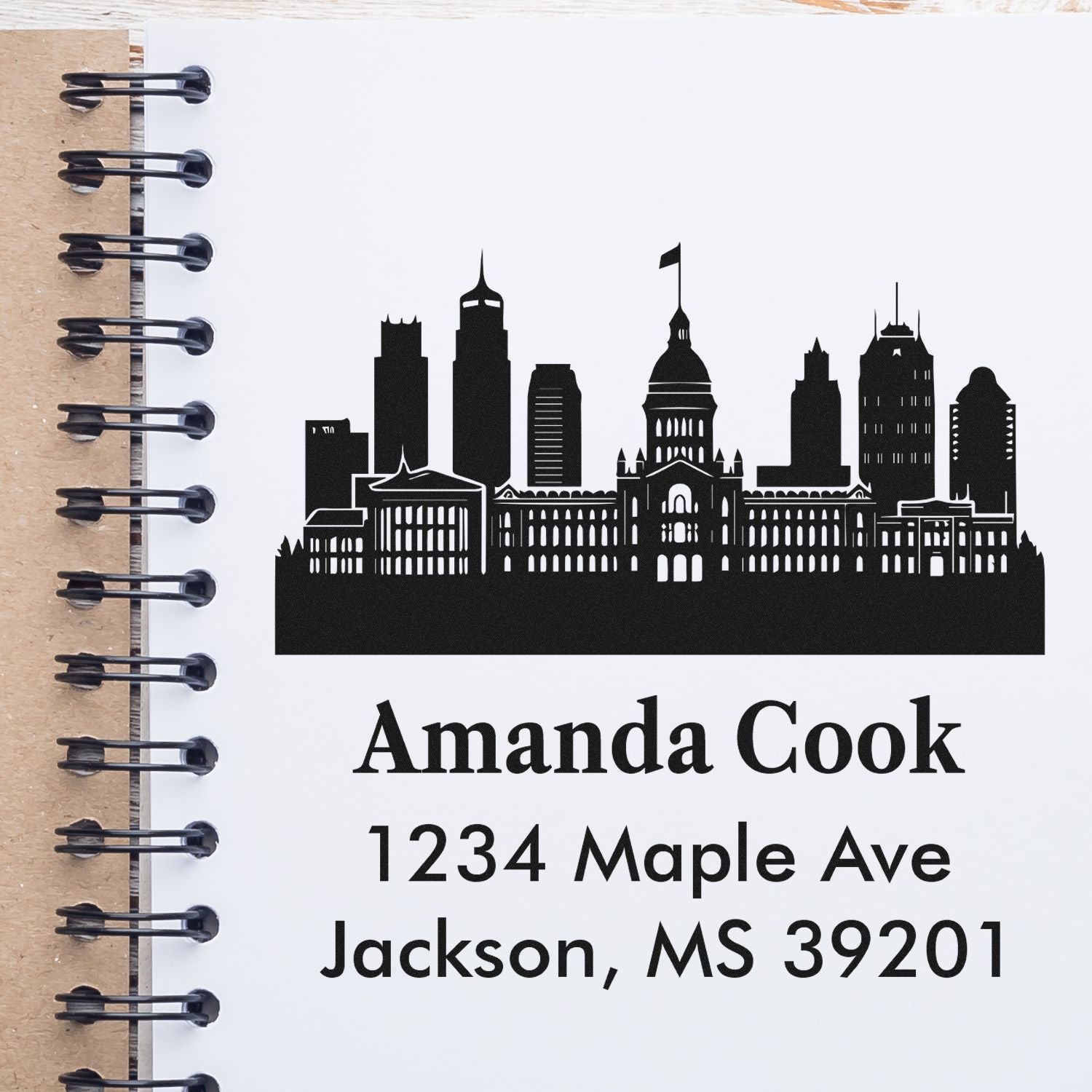 Custom return address rubber stamp with skyline design for Amanda Cook, Jackson, MS 39201