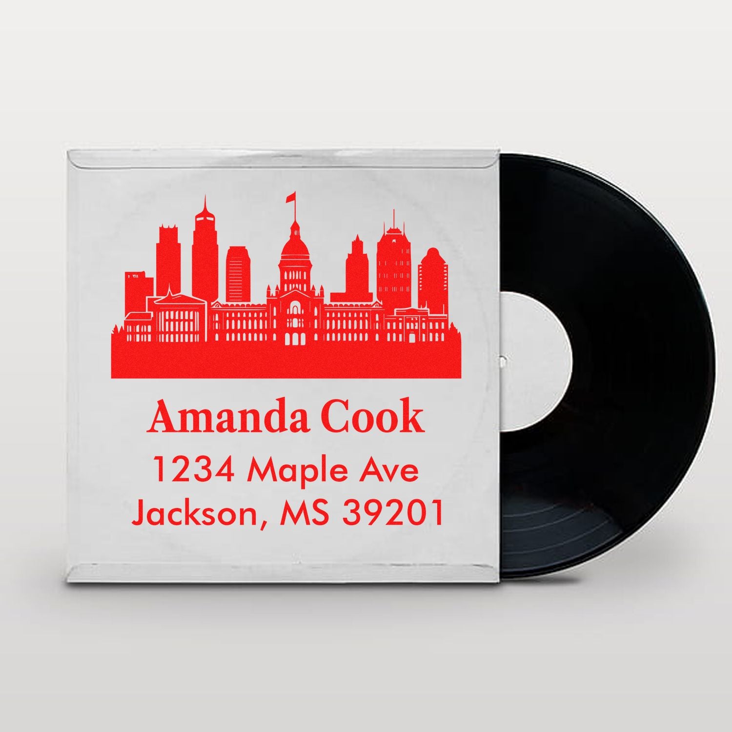 Custom return address rubber stamp with skyline design for Amanda Cook, Jackson, MS.