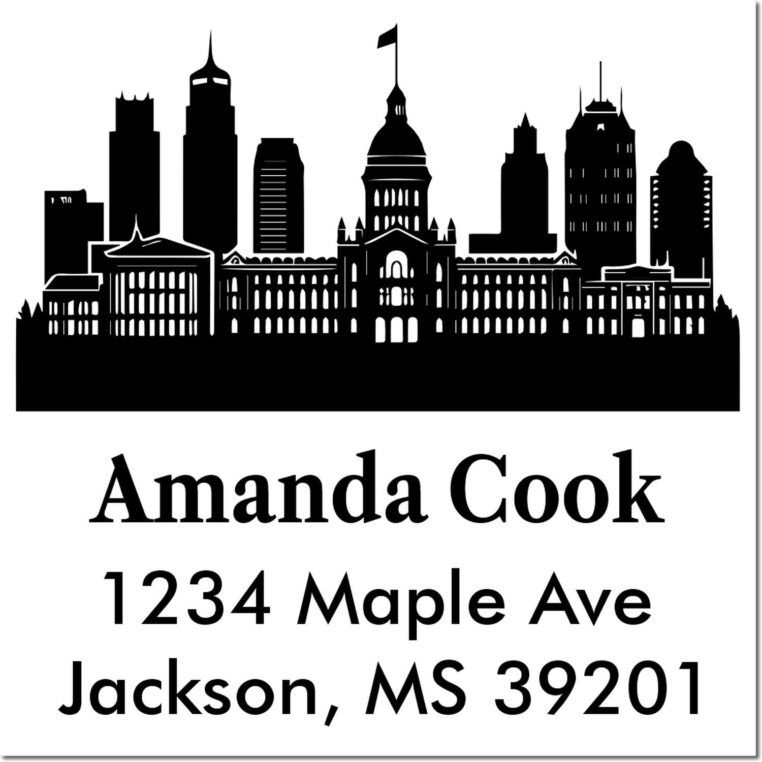 Custom Jackson skyline return address stamp for Amanda Cook, 1234 Maple Ave, Jackson, MS 39201.