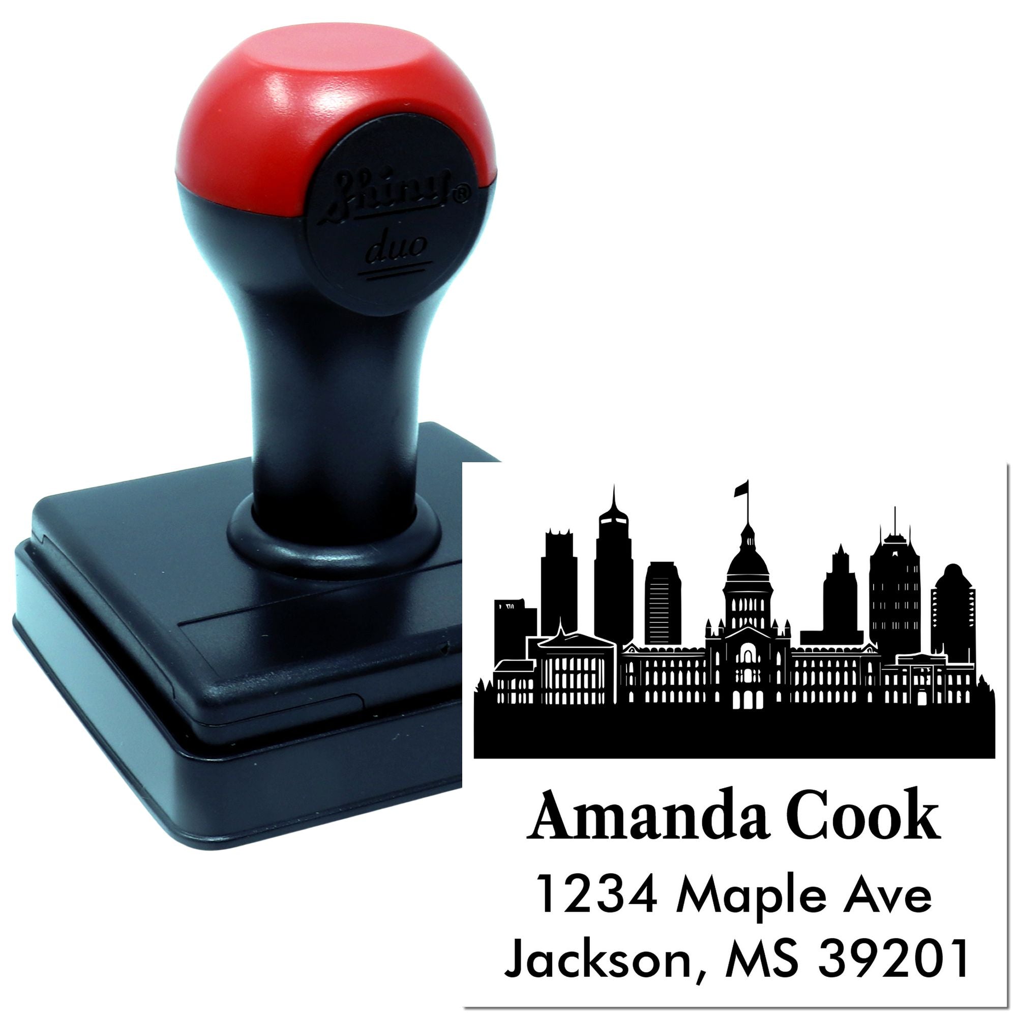 Custom self-inking return address rubber stamp with city skyline design, personalized for Amanda Cook, Jackson, MS