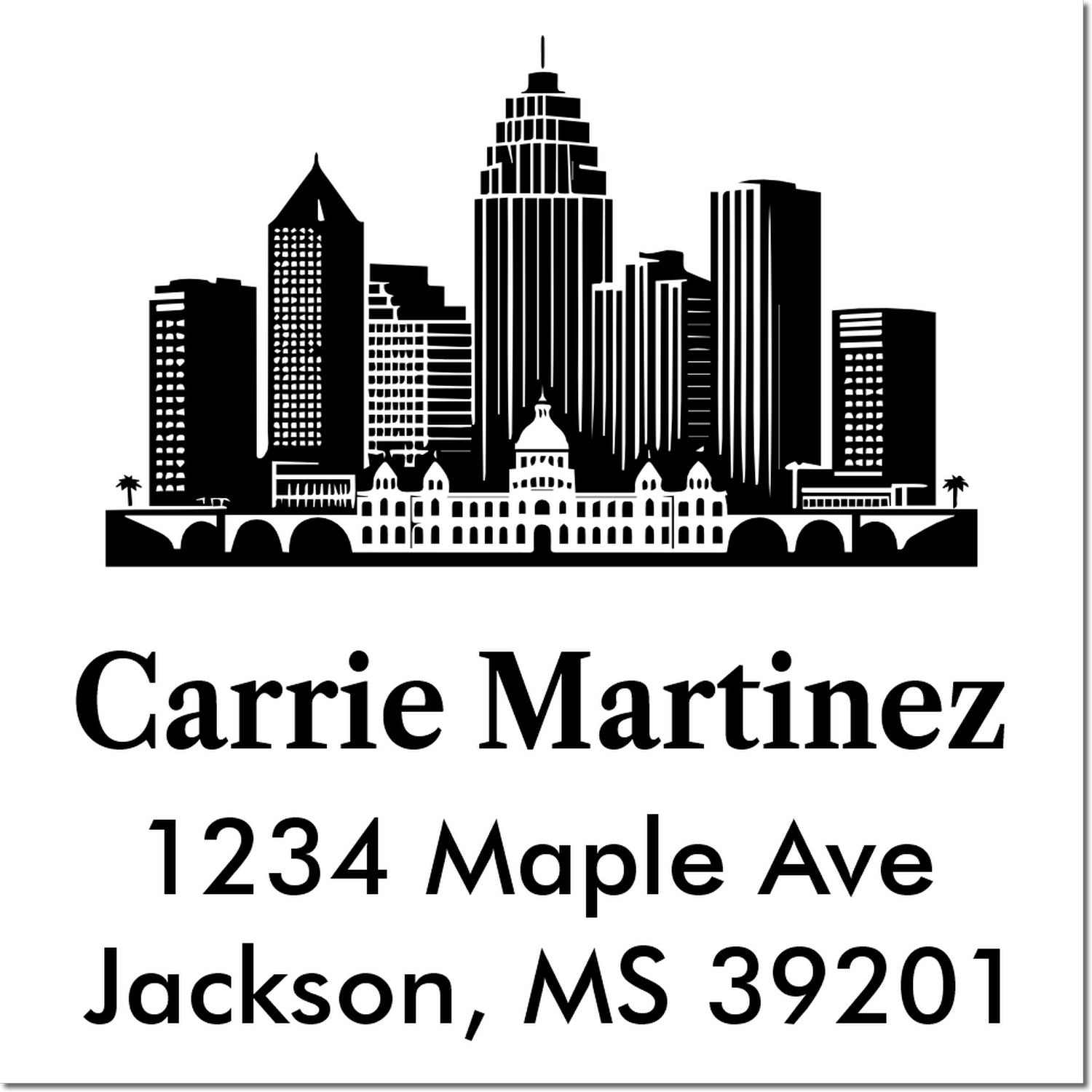 Custom return address rubber stamp with Jackson, MS skyline and Carrie Martinez address for personalized mailing.
