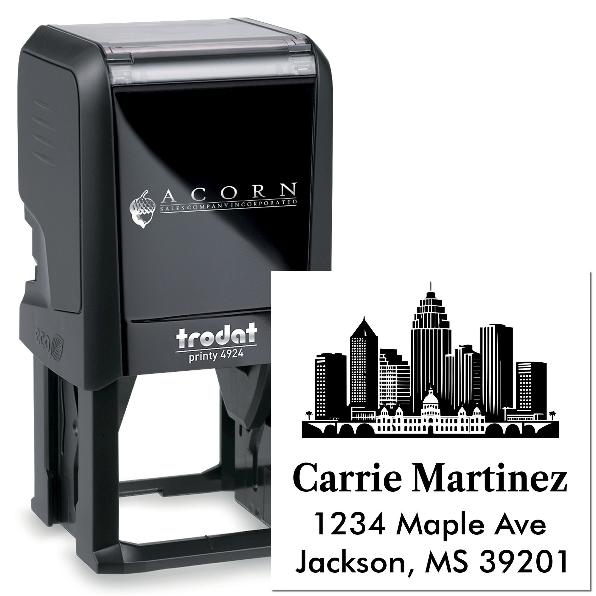 Custom self-inking rubber stamp with skyline design for Carrie Martinez, Jackson, MS address imprint.
