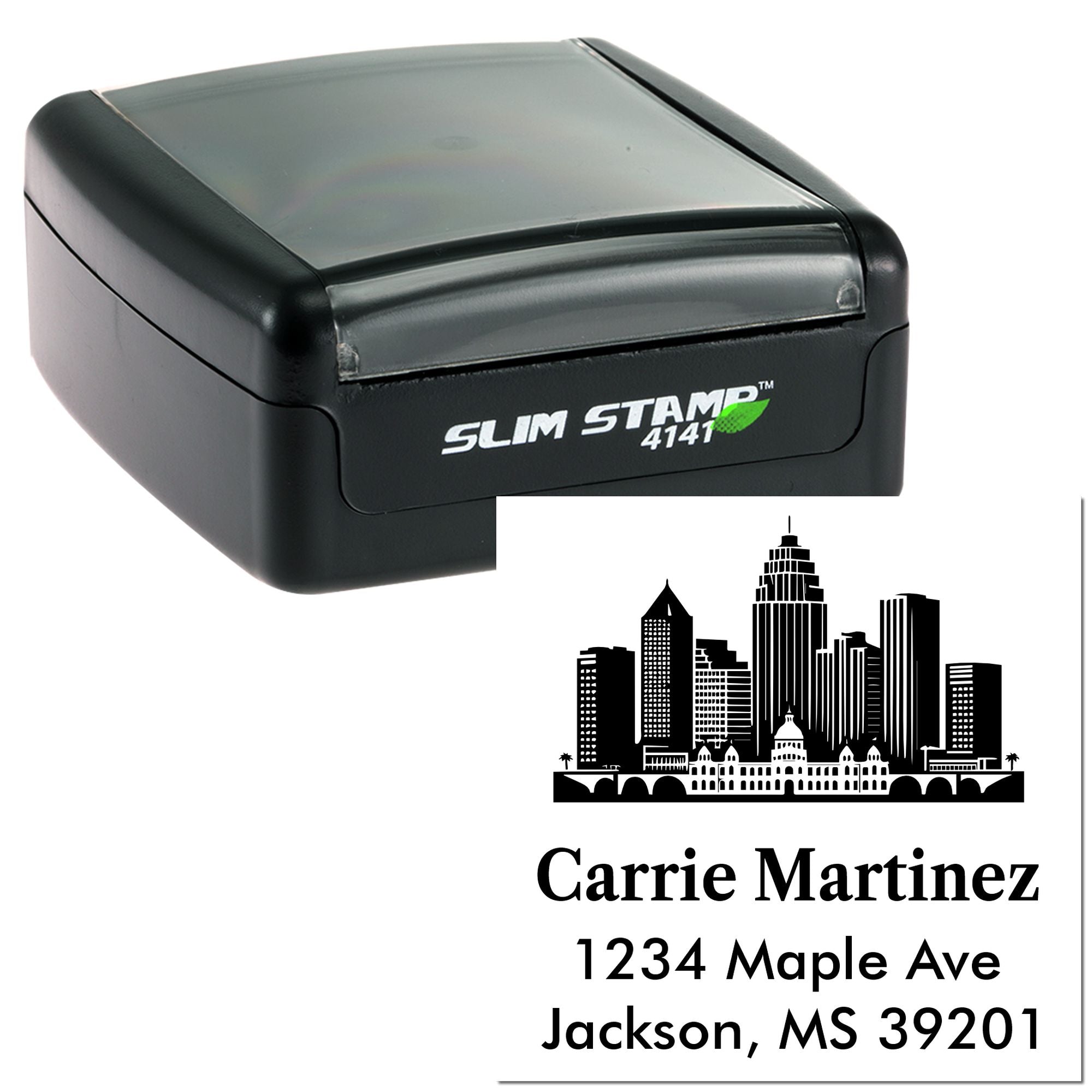 Self-inking Slim Stamp 4141 custom address rubber stamp with skyline logo, Carrie Martinez, Jackson, MS 39201