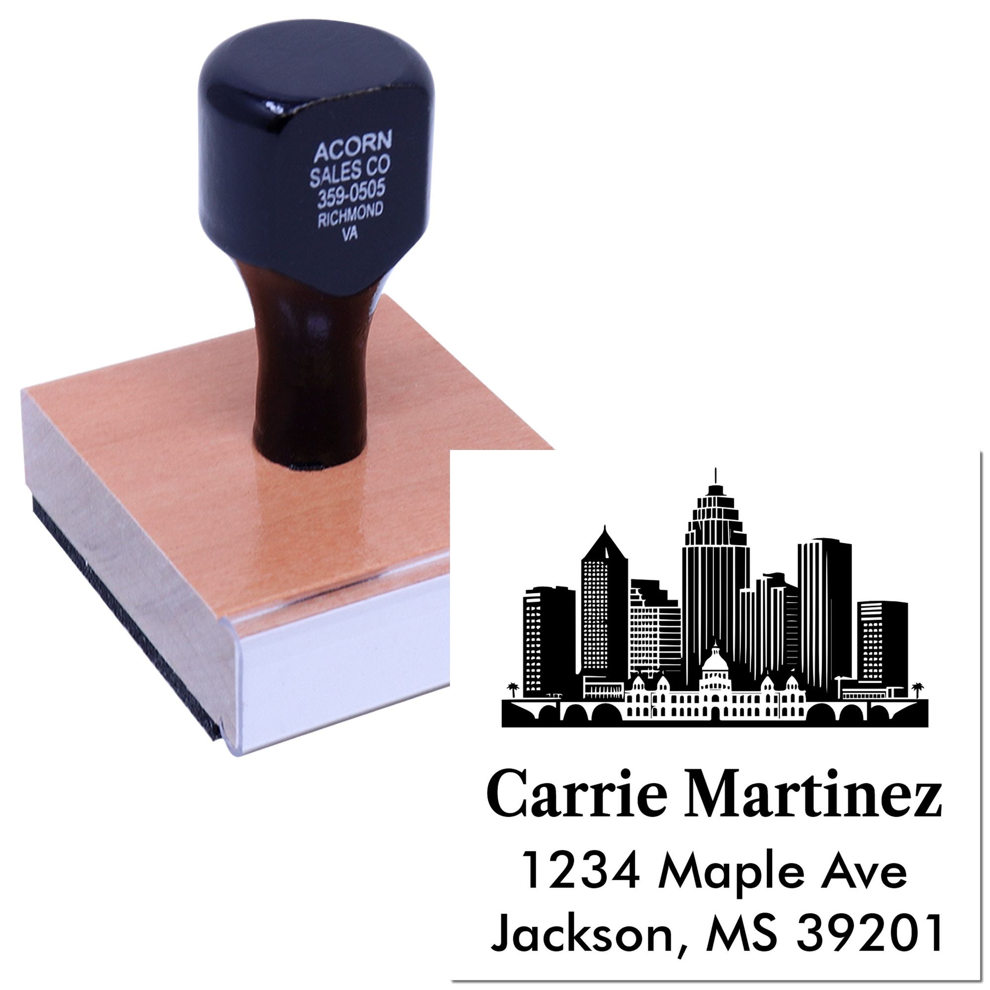 Custom address rubber stamp with skyline logo and mailing name/address imprint for business and personal correspondence.