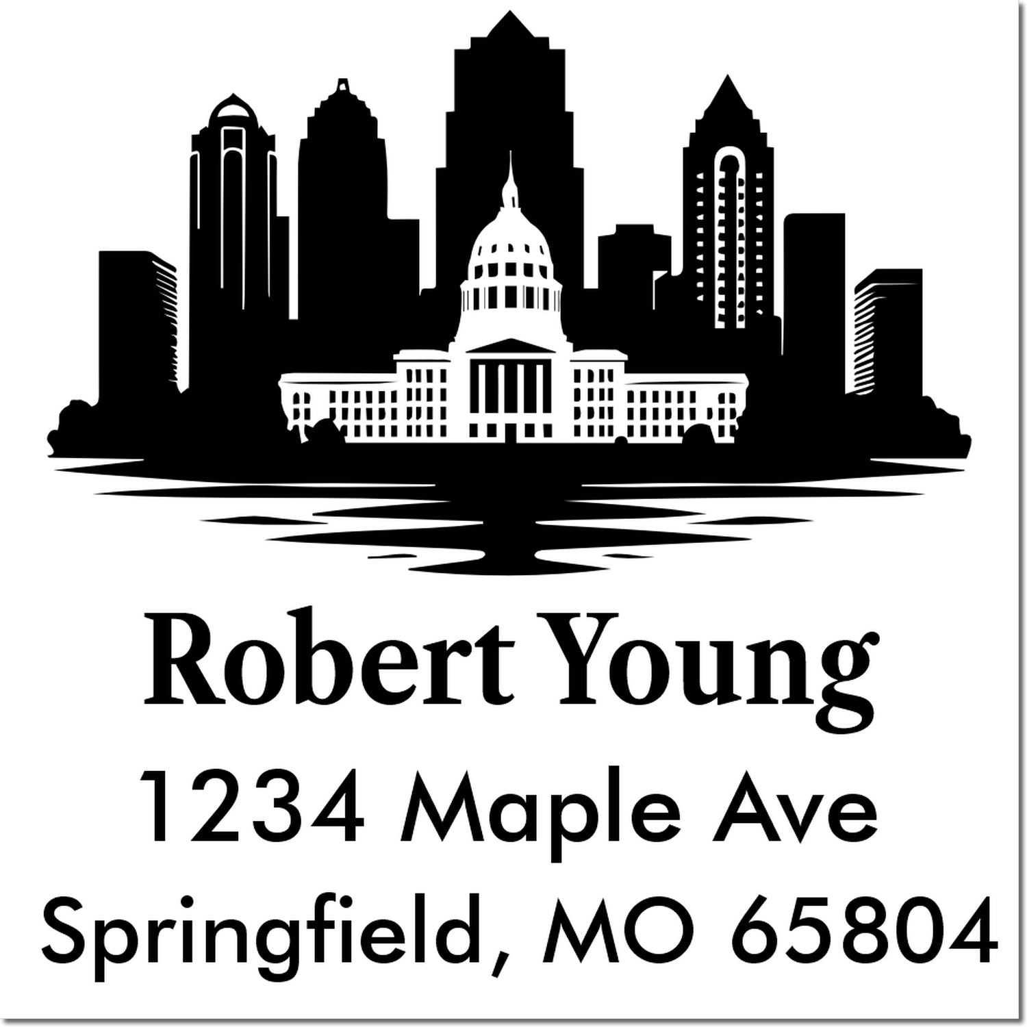 Custom return address rubber stamp with Springfield, MO skyline and state capitol, personalized for Robert Young at 1234 Maple Ave.