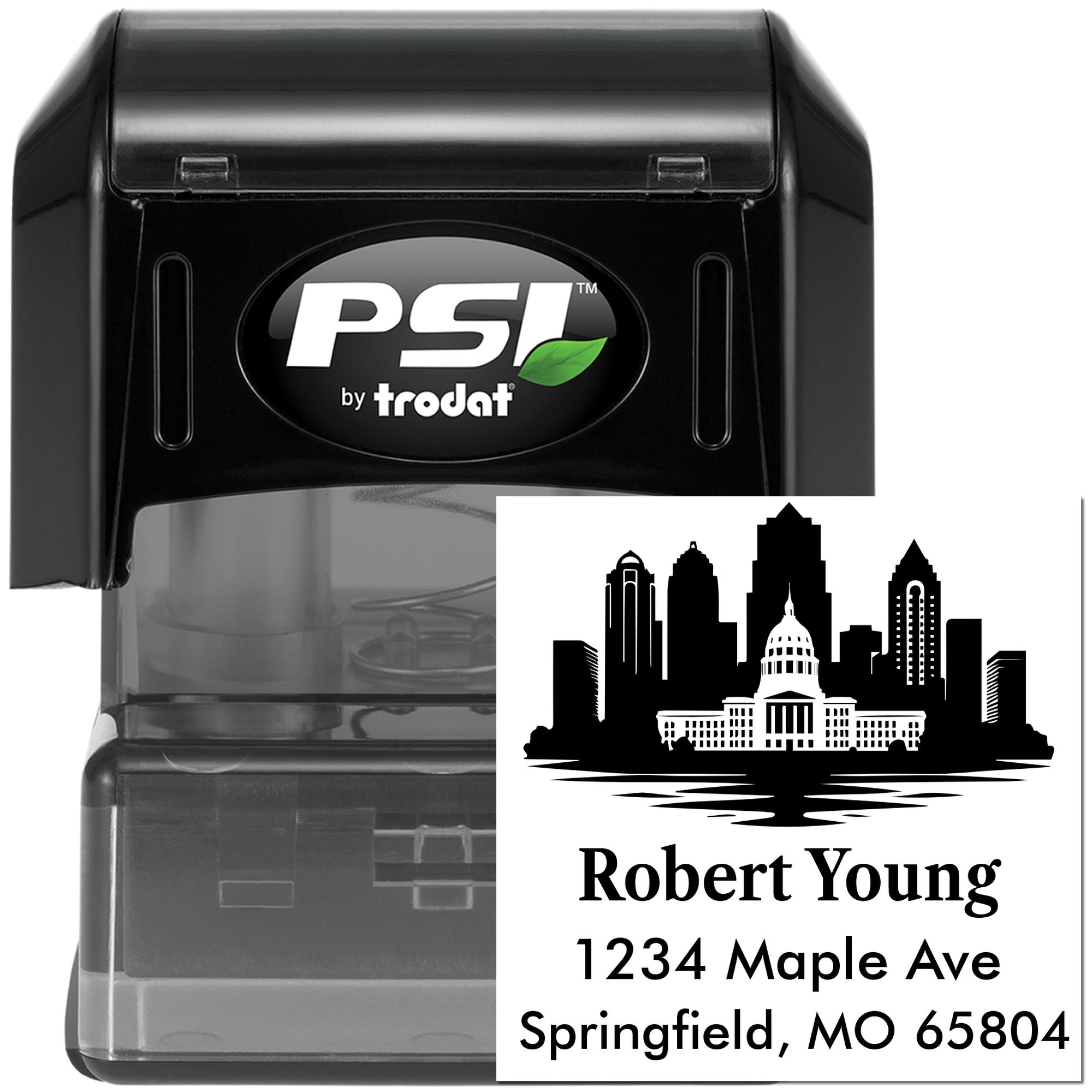 PSI by Trodat custom self-inking address rubber stamp with city skyline design for Robert Young, Springfield, MO mailing labels