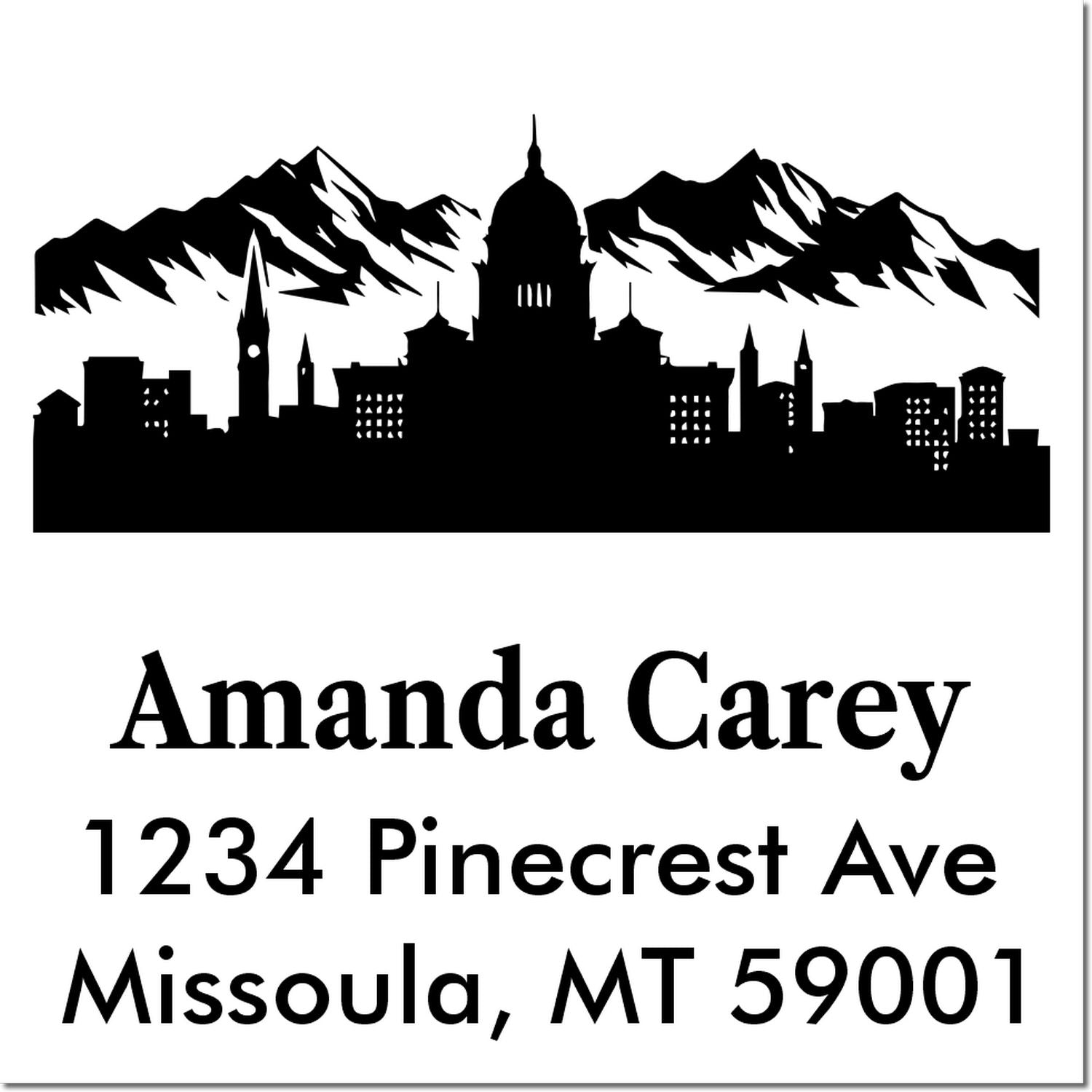 Custom rubber address stamp with Missoula, MT skyline and mountains, personalized for Amanda Carey, 1234 Pinecrest Ave, 59001.