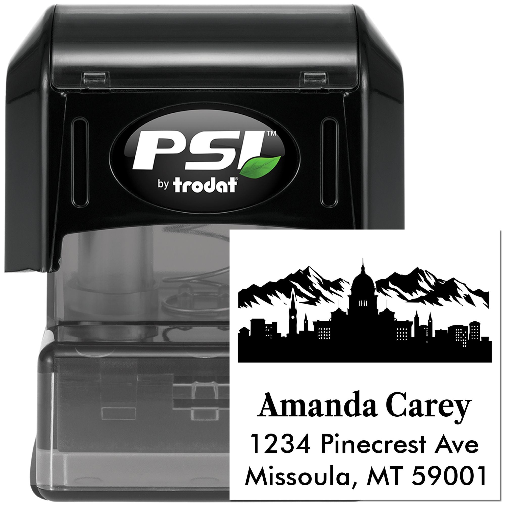 PSI by Trodat self-inking custom return address rubber stamp with mountain skyline for personalized mailing and branding.