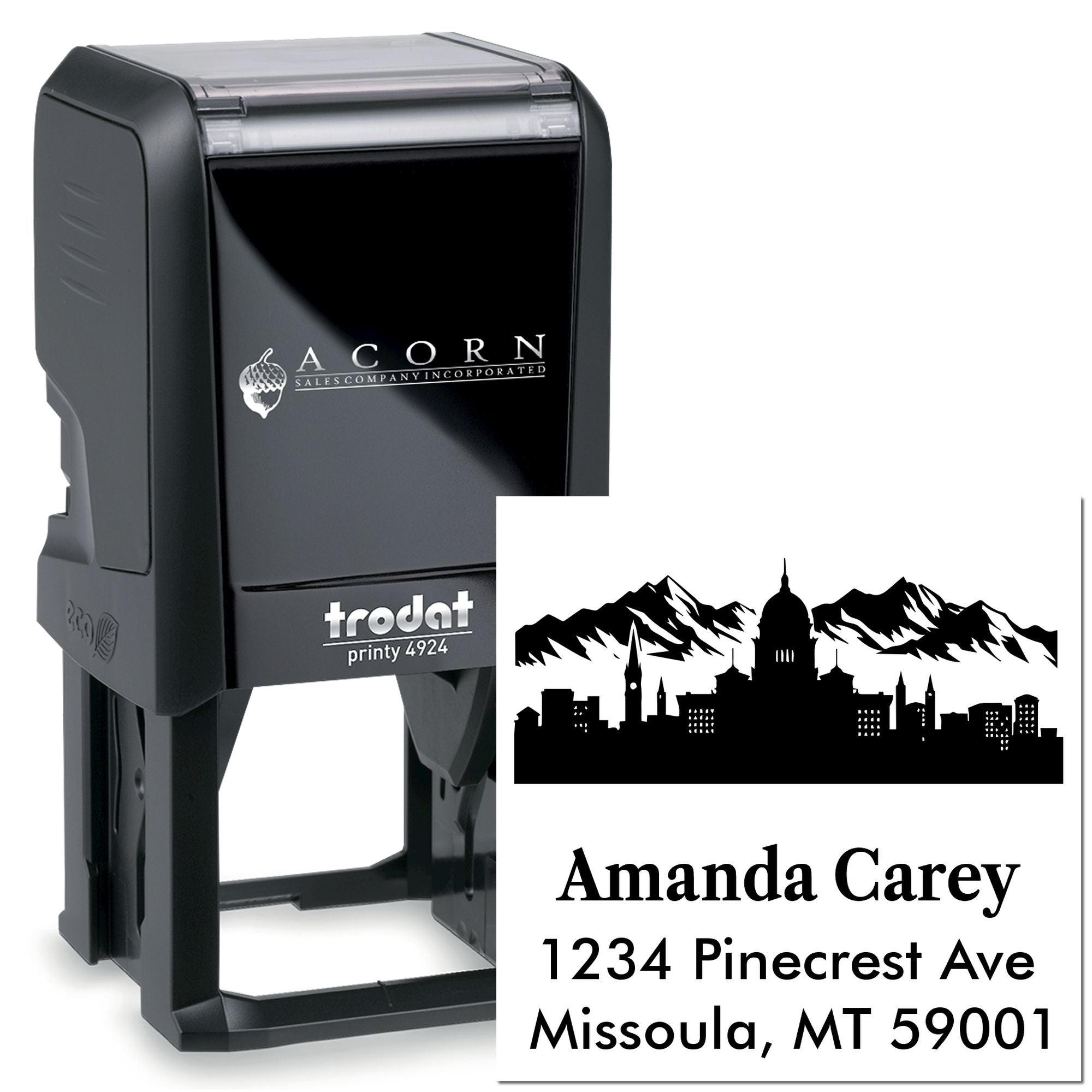 Custom Trodat Printy 4924 rubber return address stamp with skyline design and Amanda Carey mailing imprint