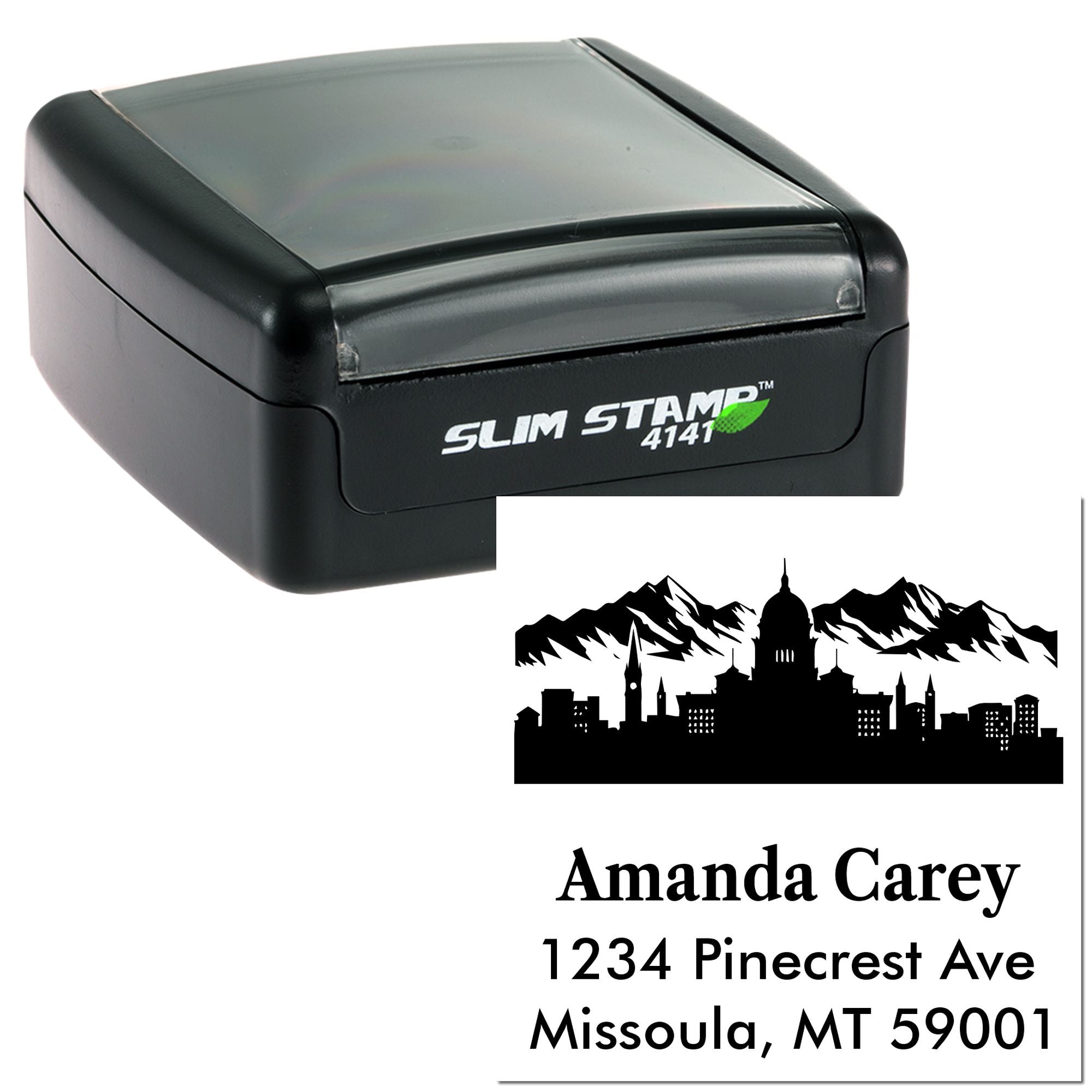 Slim self-inking rubber stamp with custom address, name, and city skyline design for personalized mailing and branding.