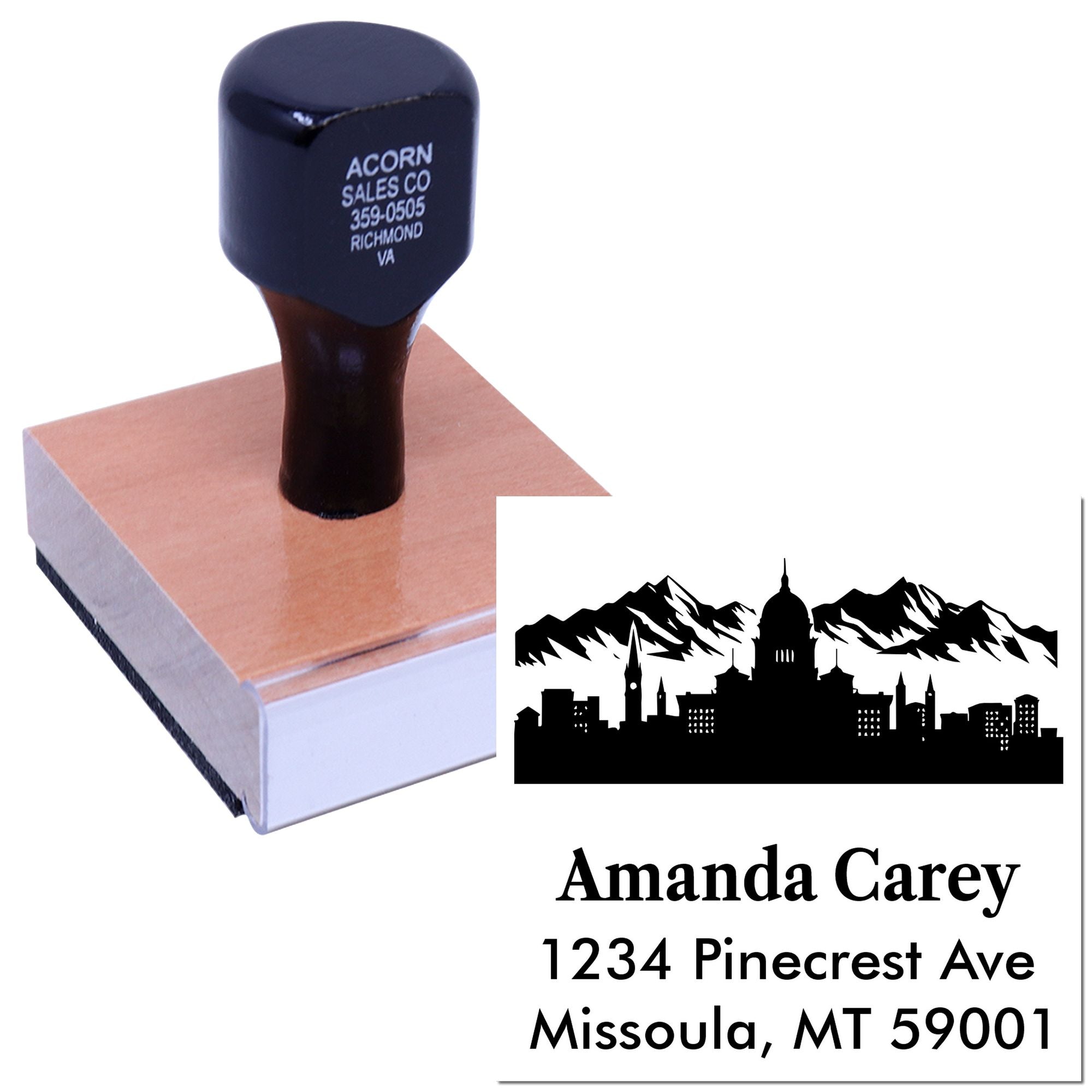 Custom self-inking rubber stamp for address and logo imprint with skyline design and name, ideal for personalized business stamps