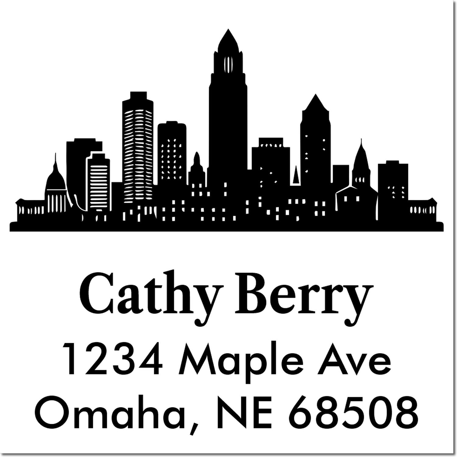 Custom return address rubber stamp with Omaha skyline, Cathy Berry, 1234 Maple Ave, Omaha, NE 68508
