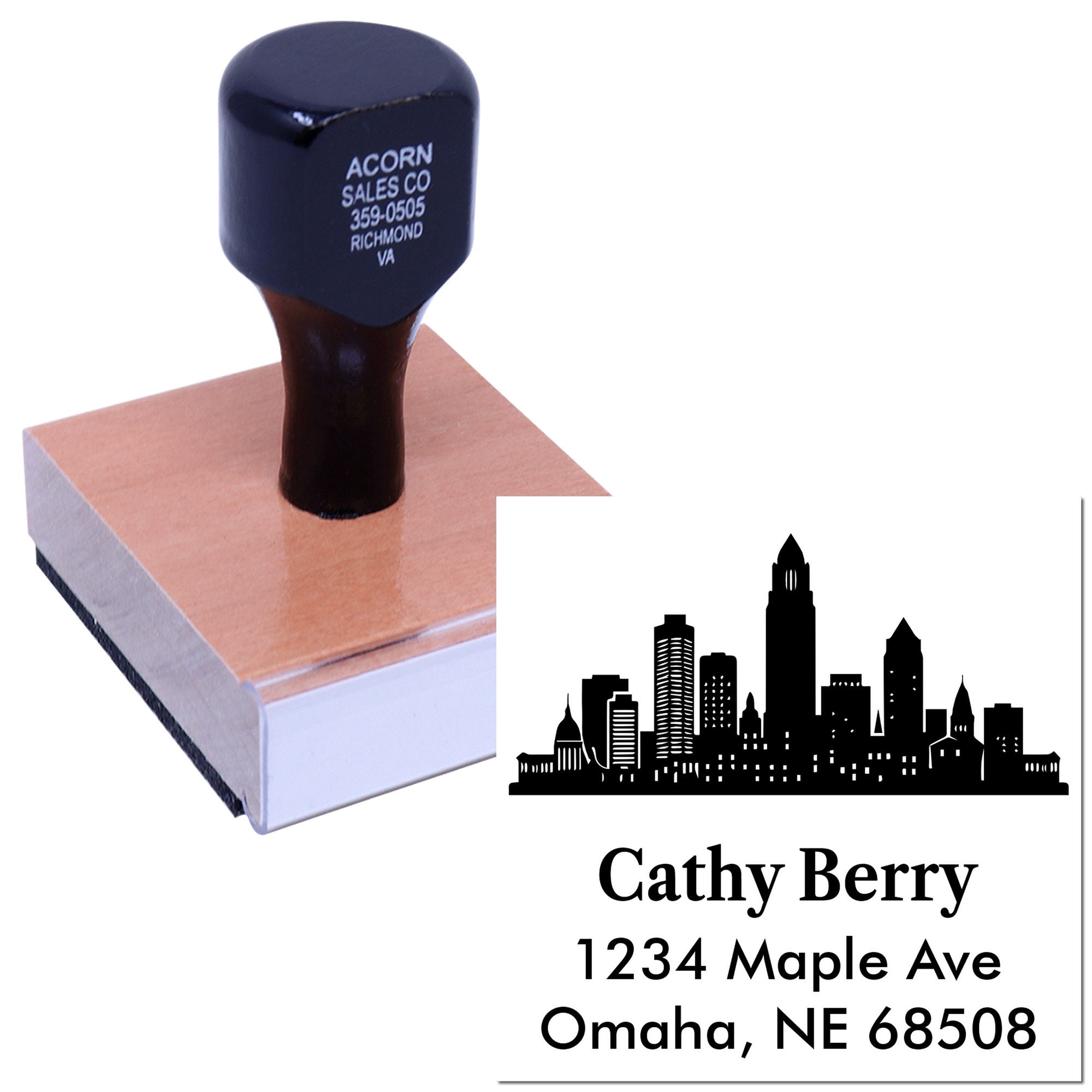 Custom self-inking rubber stamp with skyline logo and return address imprint for business mail and branding