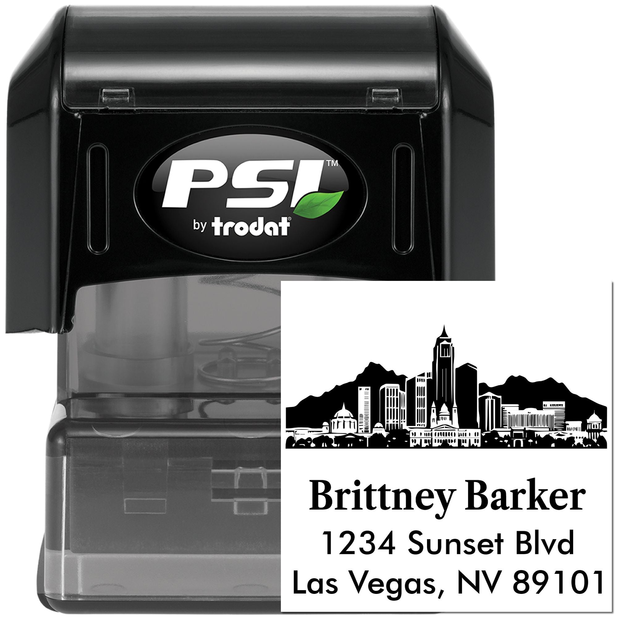 Personalized self-inking address stamp with Las Vegas skyline design for return envelopes, by PSI/Trodat