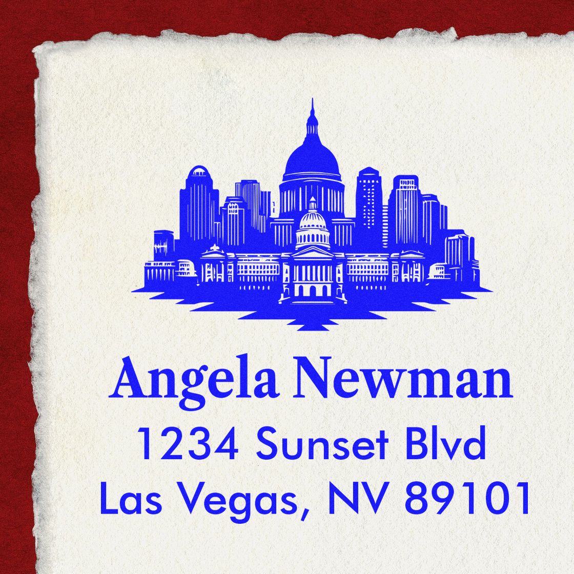 Custom rubber address stamp with Las Vegas skyline, Angela Newman, 1234 Sunset Blvd, Las Vegas, NV 89101.