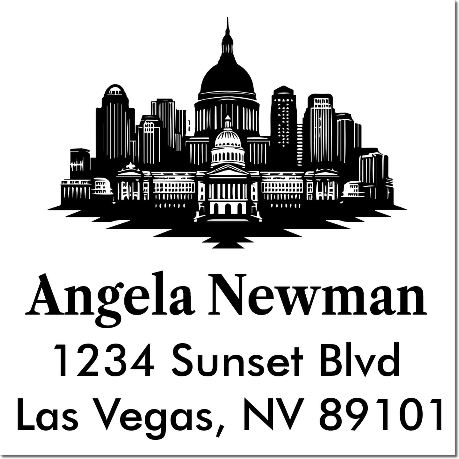 Personalized address rubber stamp with skyline design for Angela Newman, 1234 Sunset Blvd, Las Vegas, NV 89101