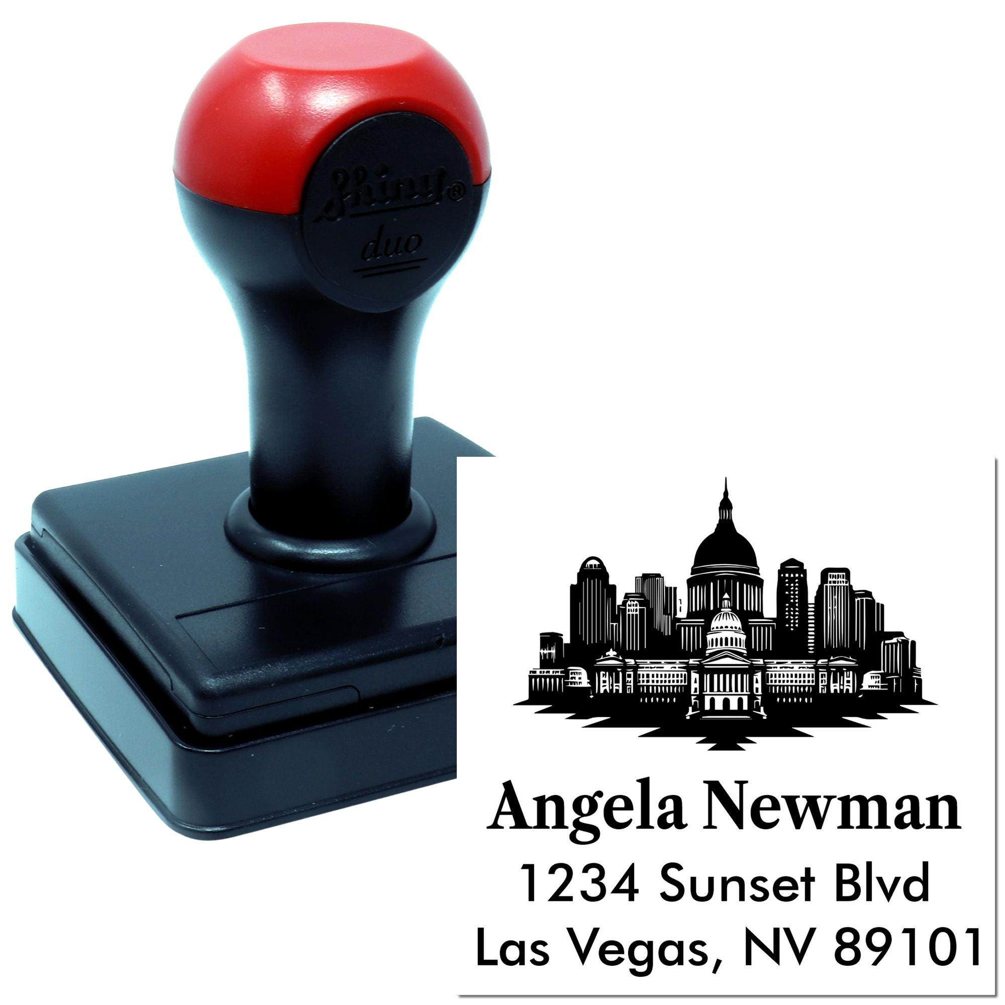Custom self-inking return address rubber stamp with city skyline design for Angela Newman, Las Vegas, NV.