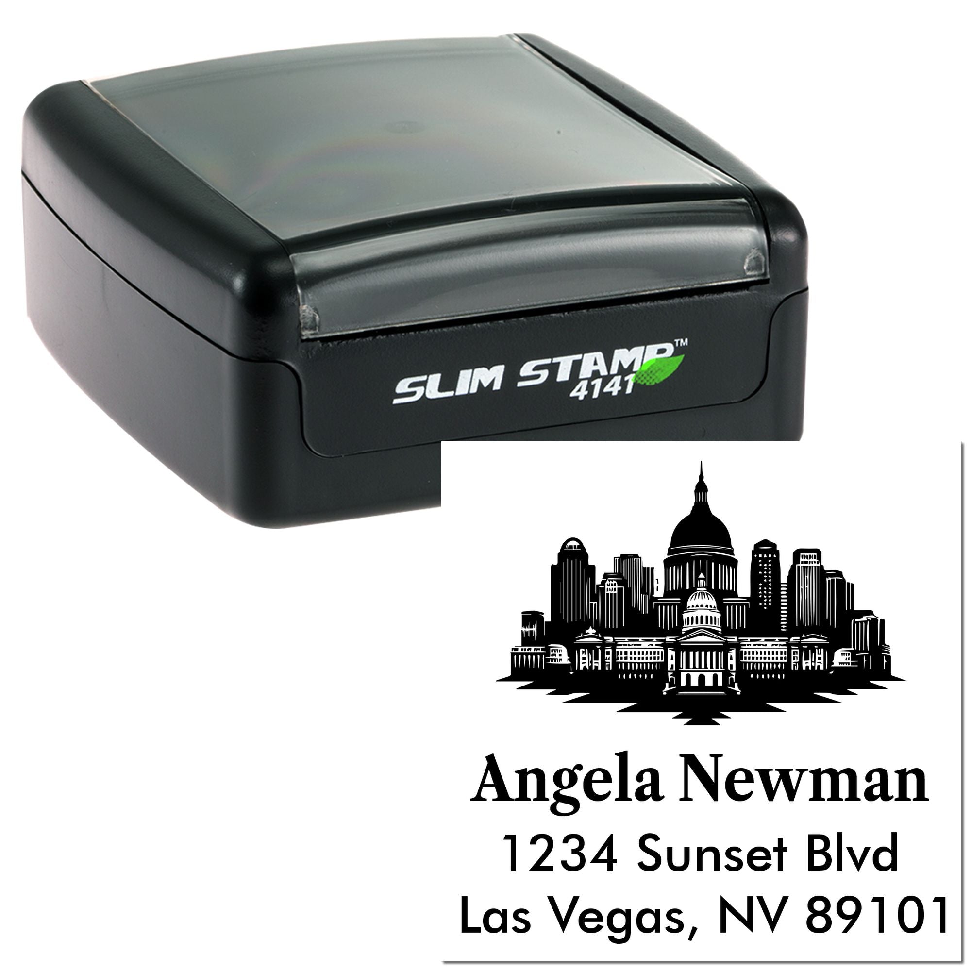 Custom self-inking address rubber stamp with Las Vegas skyline, Angela Newman, 1234 Sunset Blvd, Las Vegas, NV 89101.