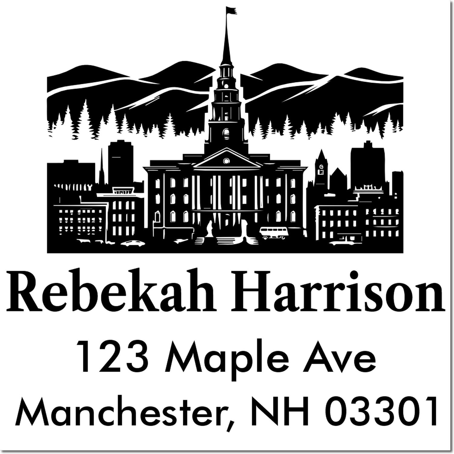 Custom return address rubber stamp with Manchester, NH skyline and Rebekah Harrison, 123 Maple Ave, Manchester, NH 03301.