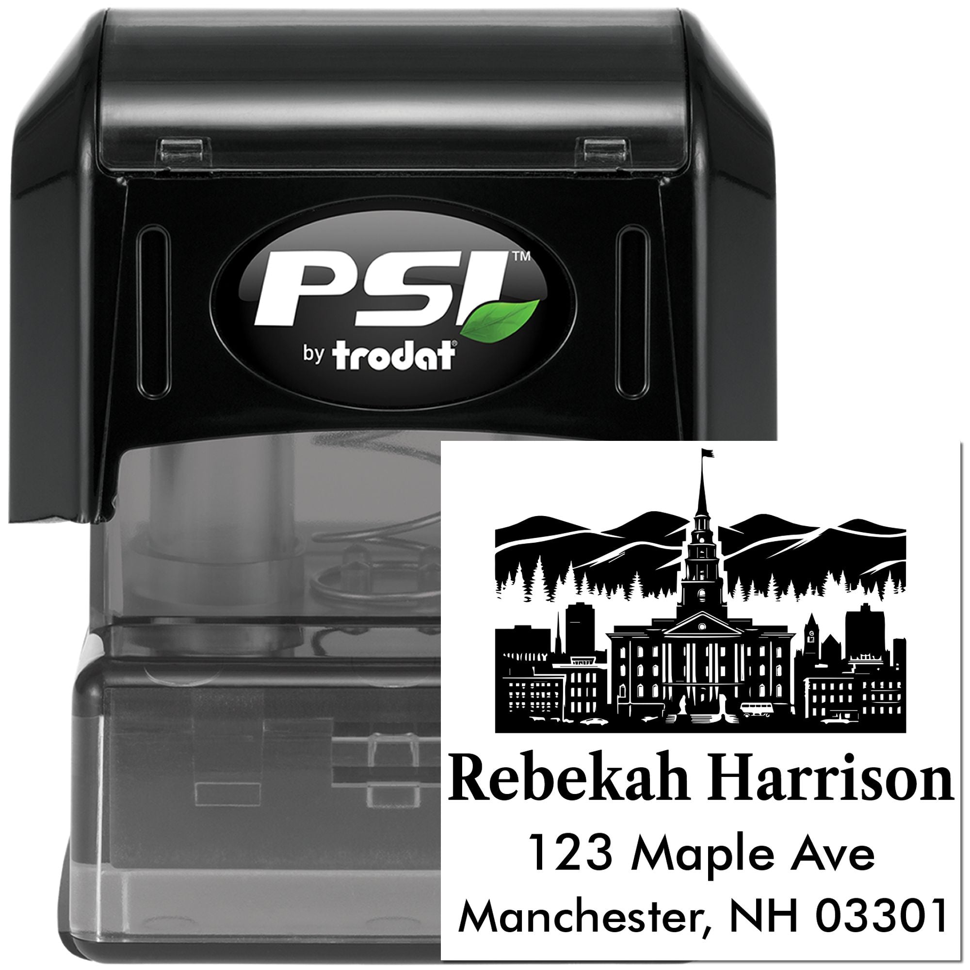 Custom self-inking rubber address stamp with skyline design, personalized for Rebekah Harrison, 123 Maple Ave, Manchester, NH 03301.