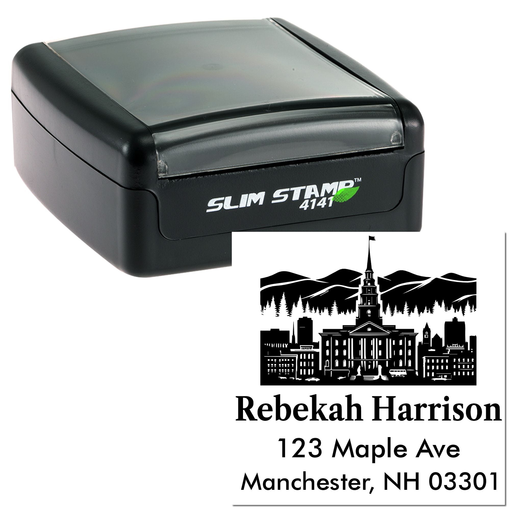Custom self-inking rubber stamp for return address printing with skyline design, name, and address imprint for personalized mailing.