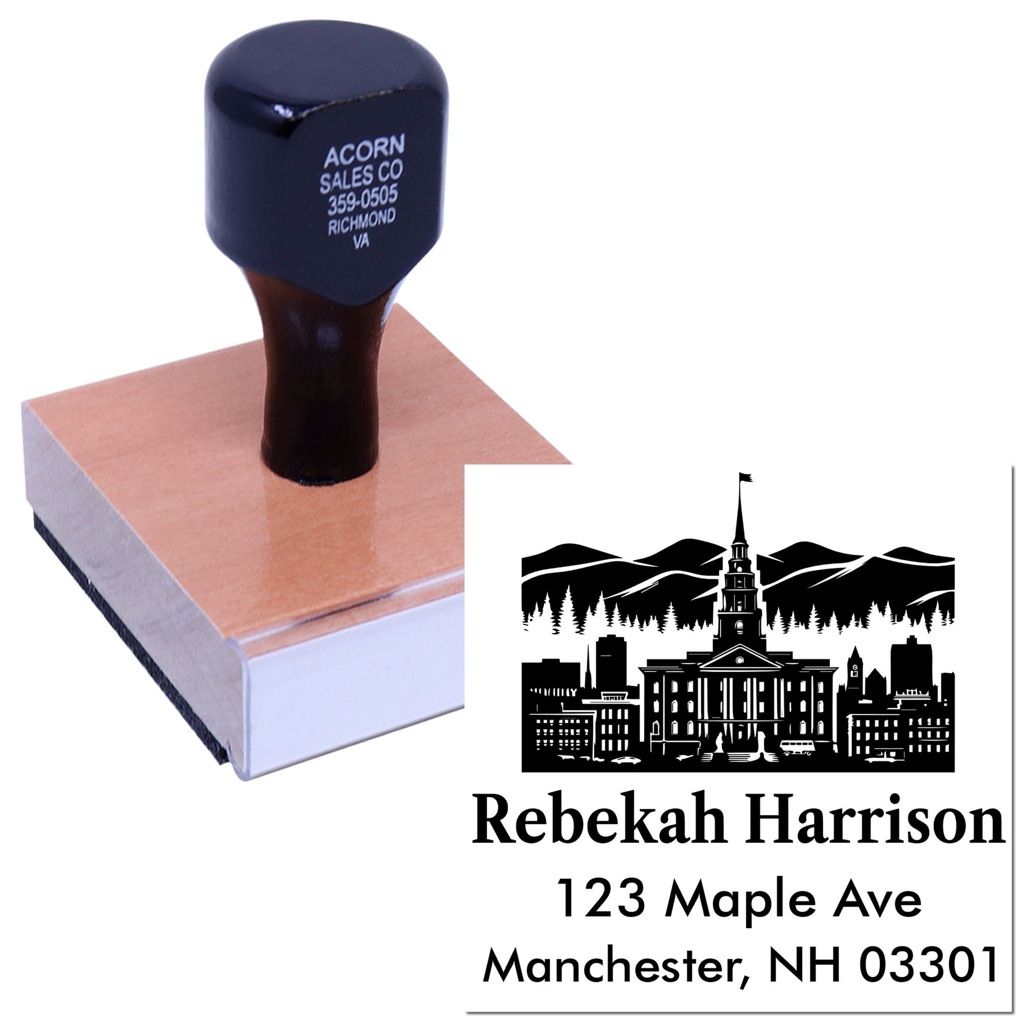 Personalized return address rubber stamp with skyline design, name, and address for mailing and custom stationery branding.