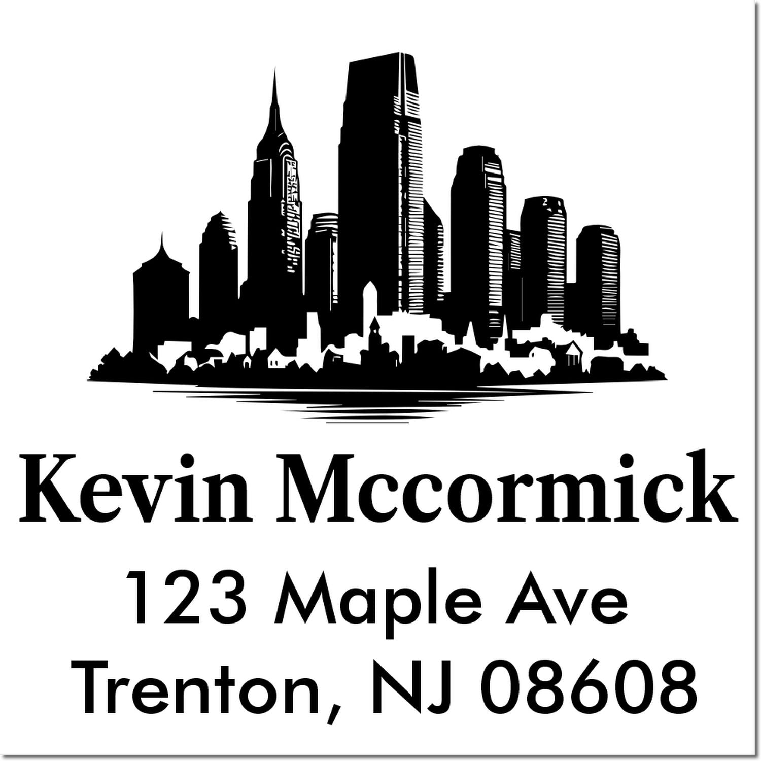 Custom rubber stamp with city skyline, Kevin Mccormick, 123 Maple Ave, Trenton, NJ 08608 personalized address stamp