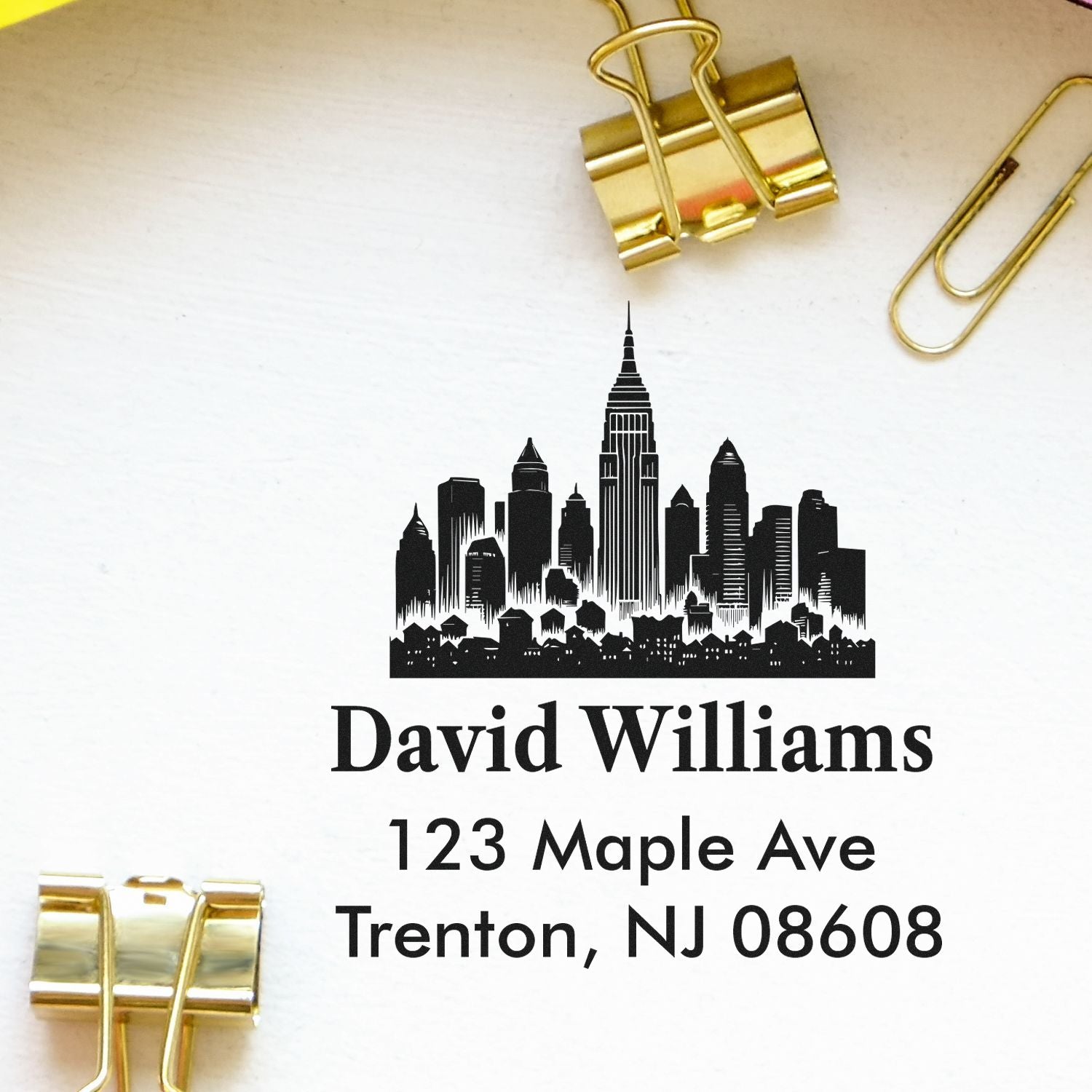 Custom return address rubber stamp with skyline design for David Williams, Trenton NJ 08608