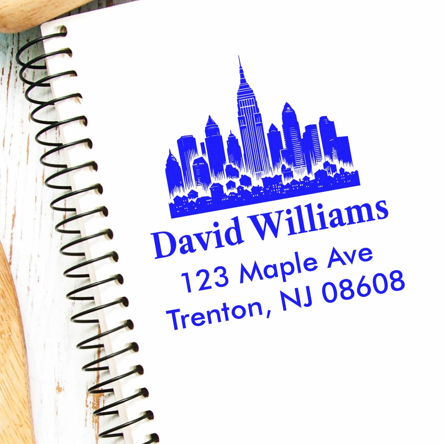 Custom skyline return address rubber stamp with name, street, and Trenton, NJ ZIP for mailing and business branding.