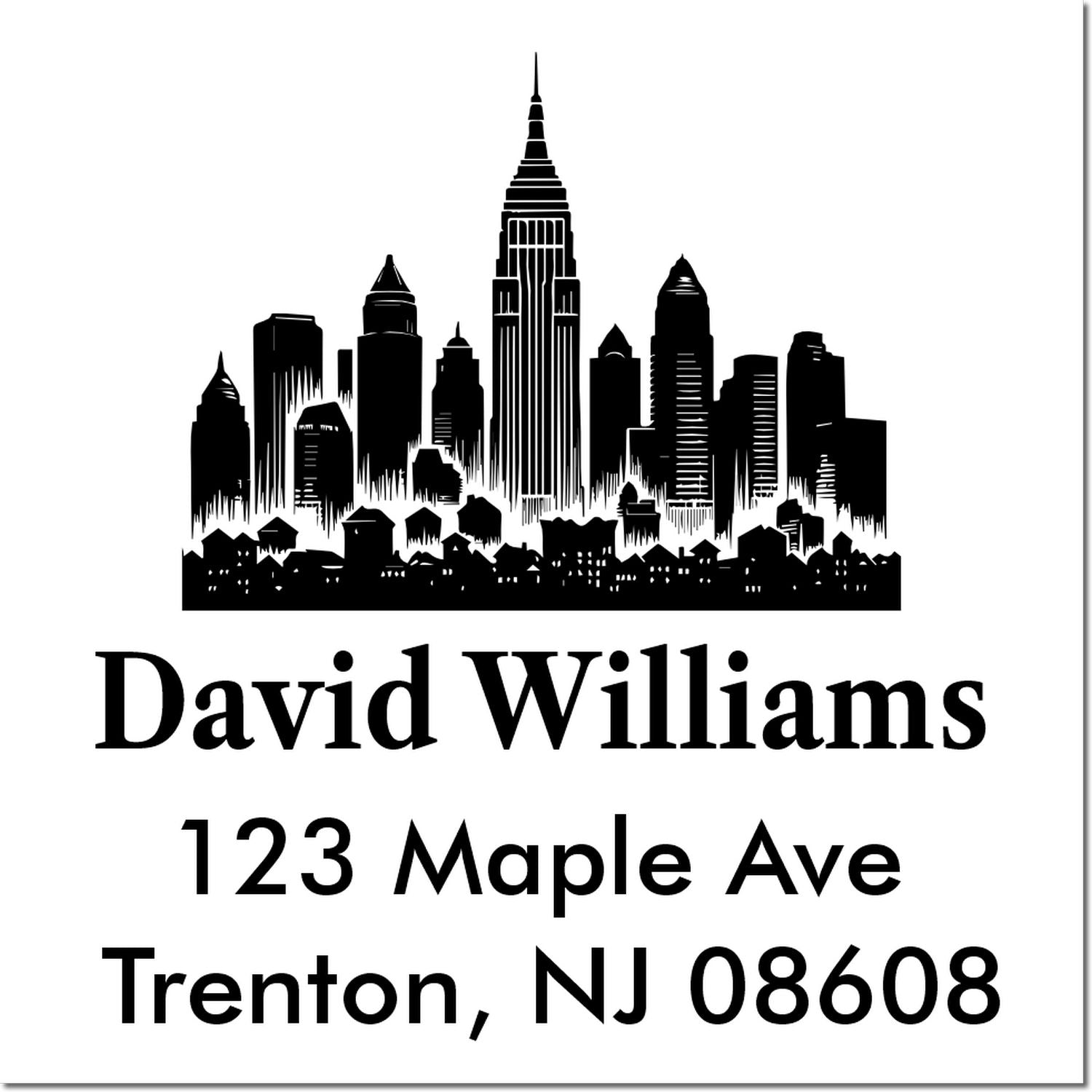 Custom rubber address stamp with skyline design for David Williams, 123 Maple Ave, Trenton, NJ 08608