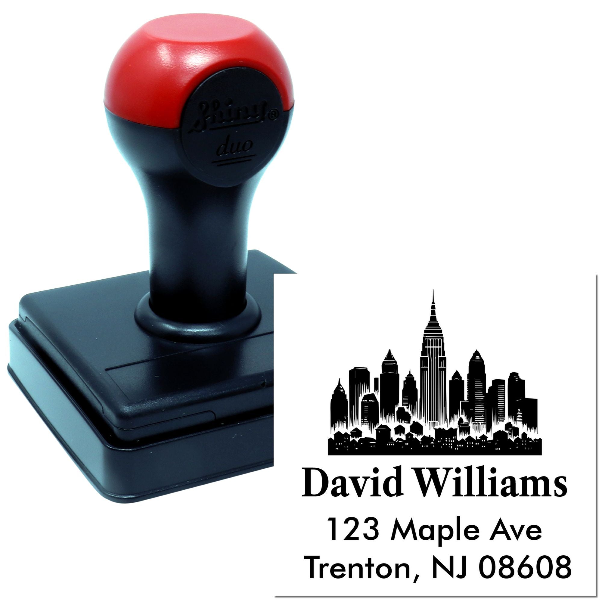 Custom self-inking rubber address stamp with skyline logo, David Williams, 123 Maple Ave, Trenton, NJ 08608.