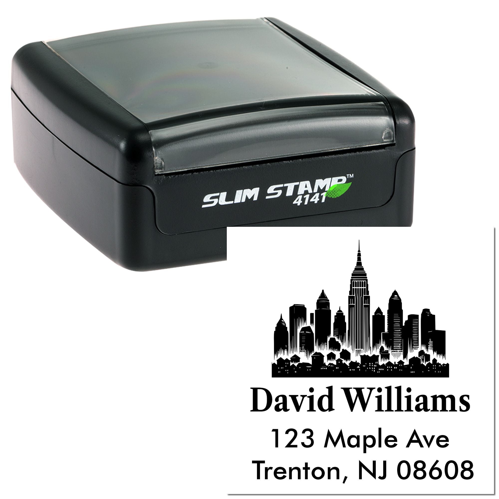 Slim Stamp 4141 self-inking rubber stamp with custom city skyline return address imprint for David Williams, Trenton, NJ.