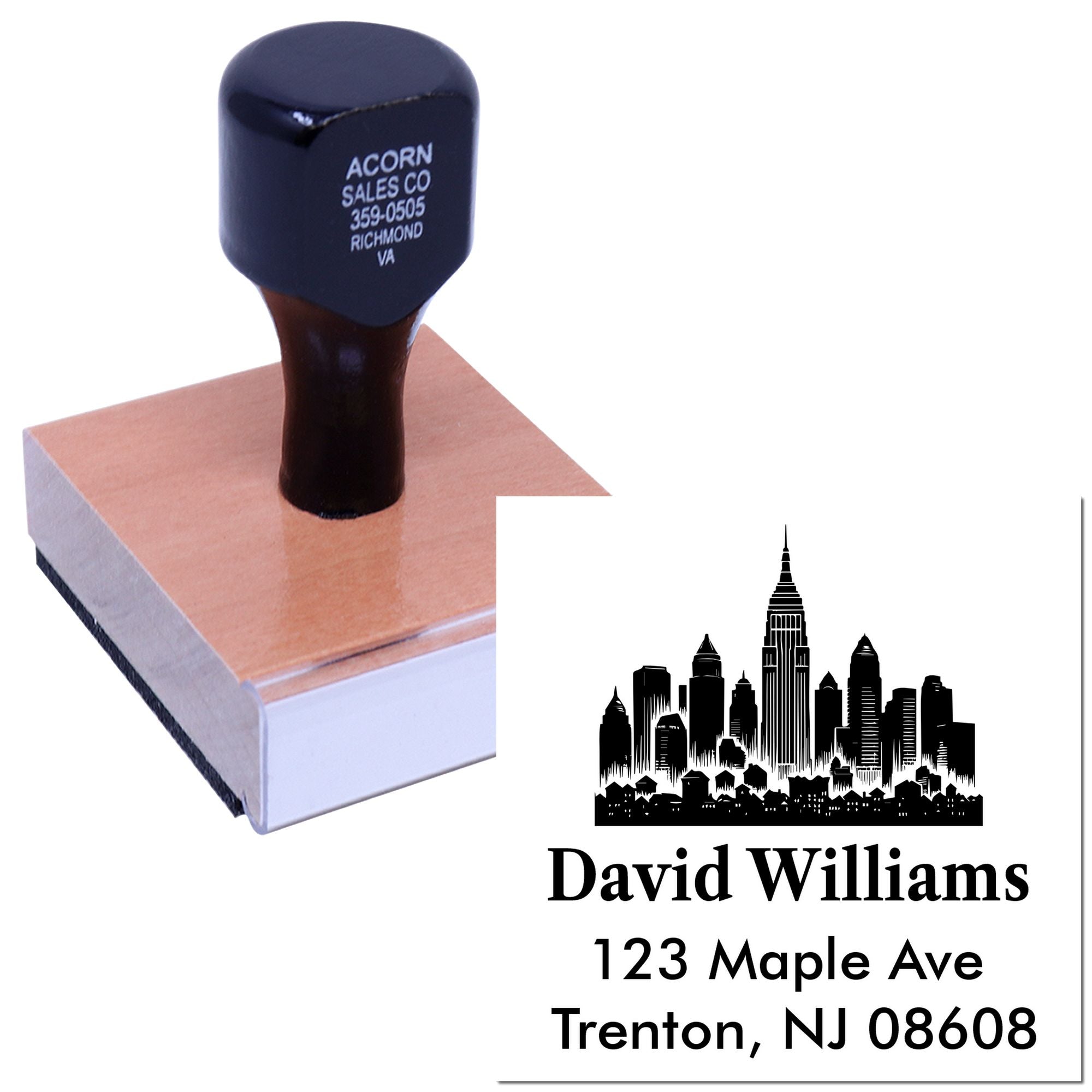 Custom address rubber stamp with skyline logo, name and mailing address for personalized business and office use.