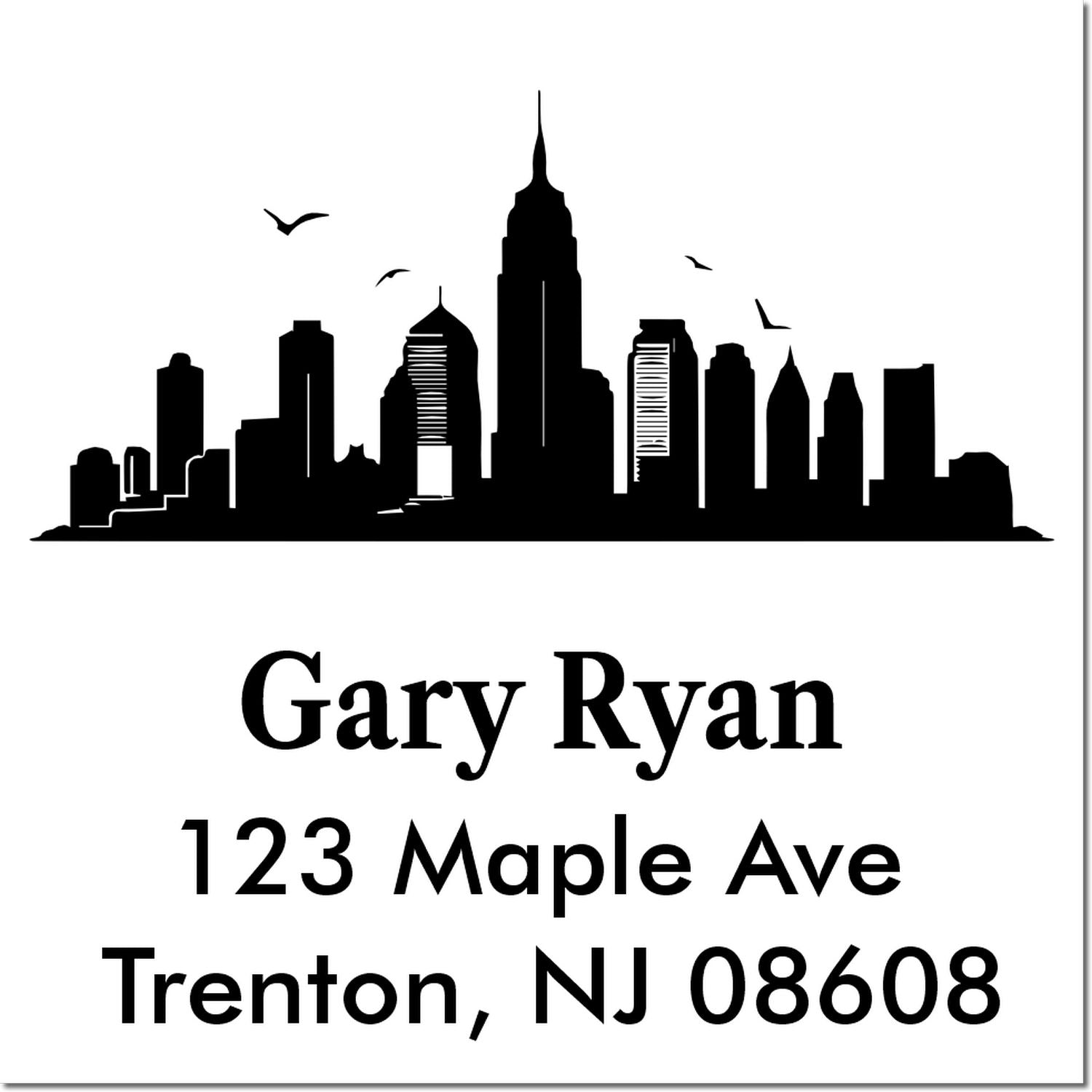 Custom return address rubber stamp with skyline design for Gary Ryan, 123 Maple Ave, Trenton, NJ 08608.