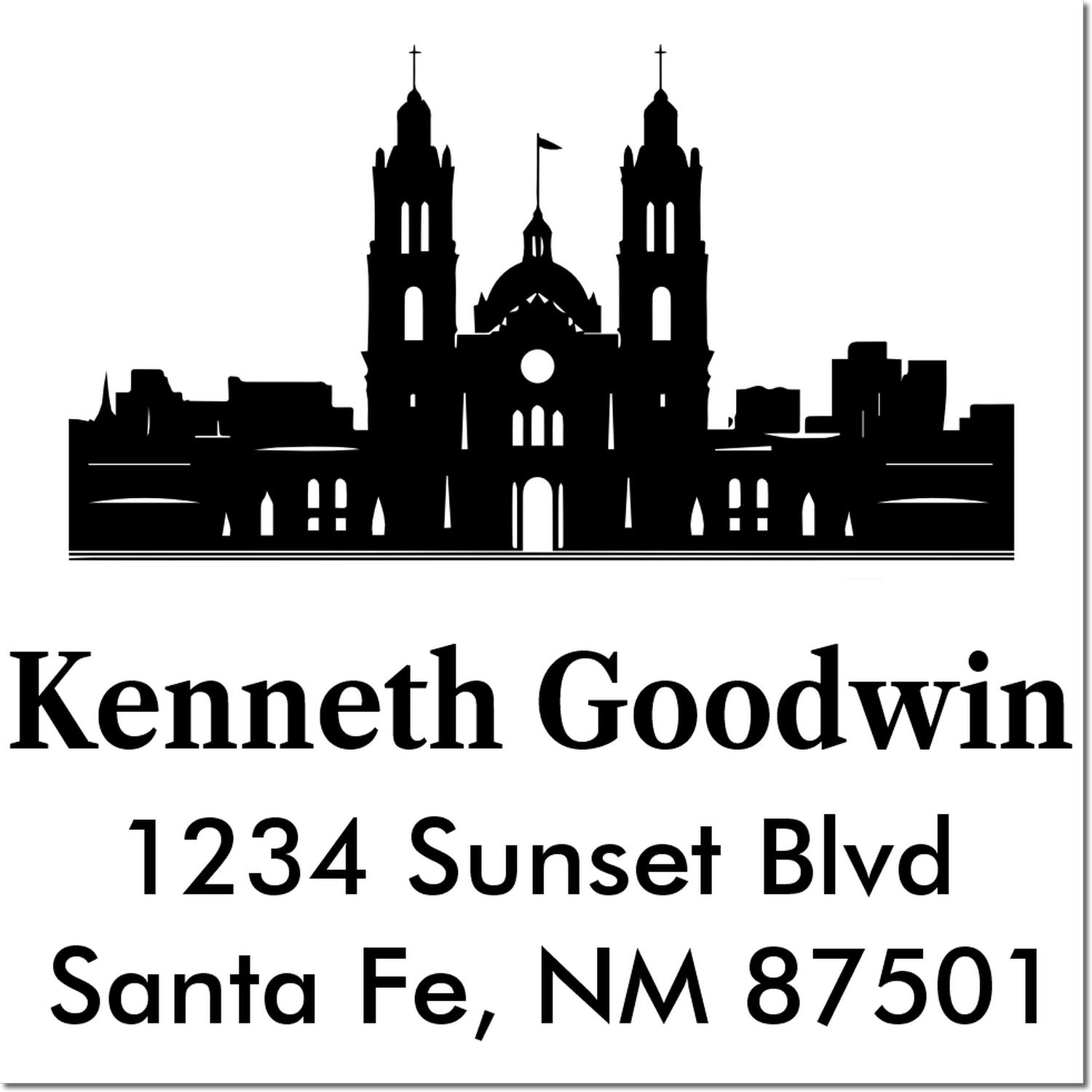 Custom rubber stamp with cathedral silhouette and return address for Kenneth Goodwin, 1234 Sunset Blvd, Santa Fe, NM 87501.