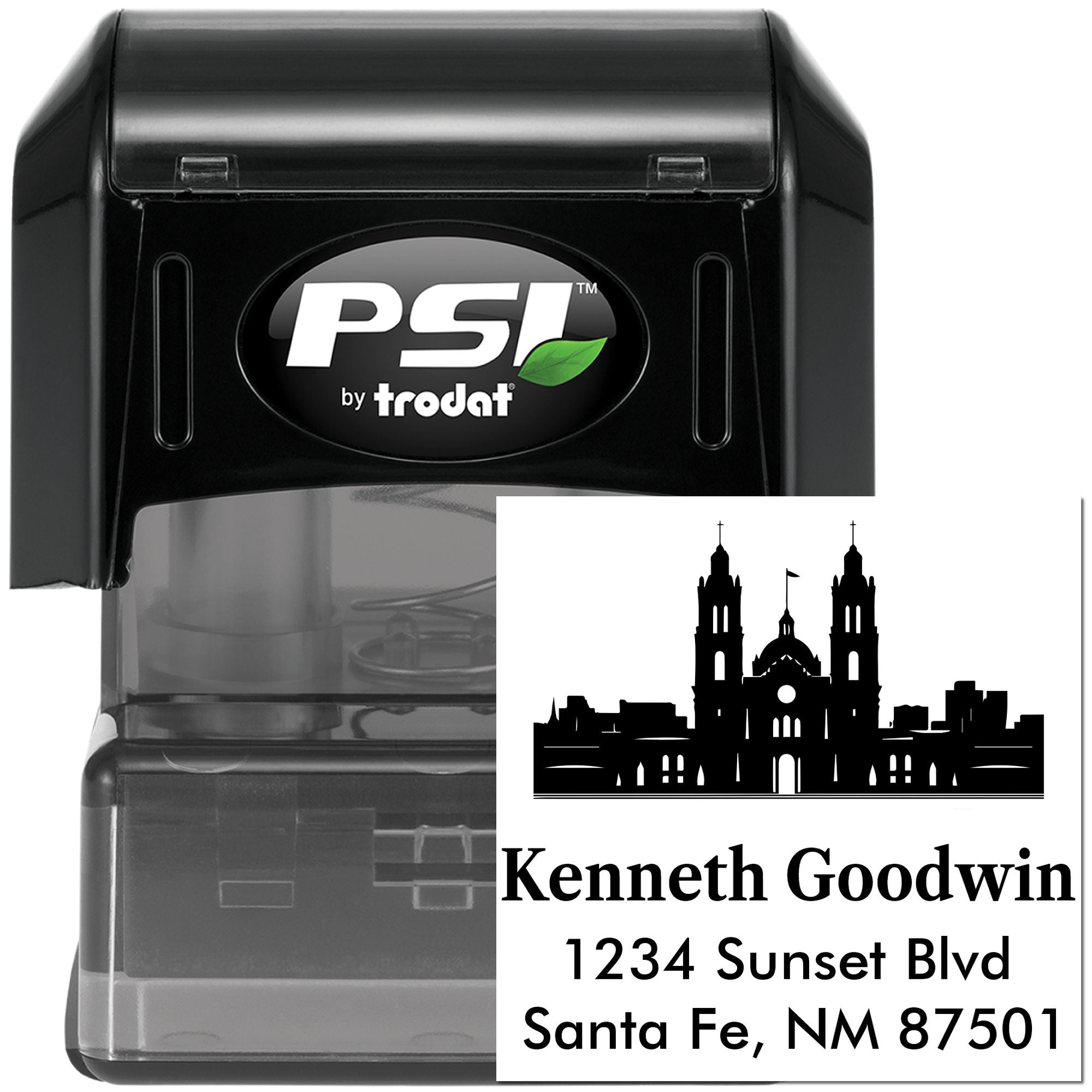 Custom PSI by Trodat self-inking rubber address stamp with skyline design and Kenneth Goodwin, 1234 Sunset Blvd, Santa Fe, NM 87501.