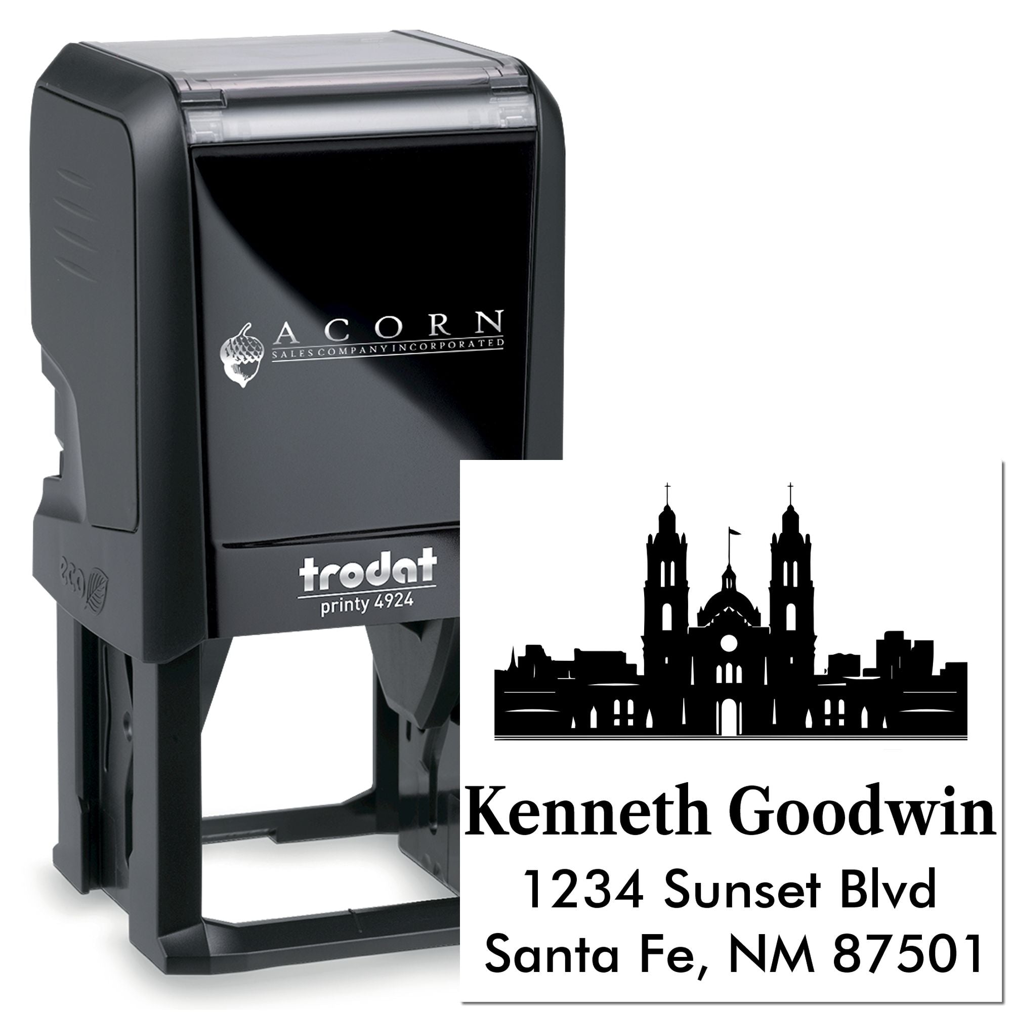 Custom self-inking rubber stamp, Trodat Printy 4924, with business logo and address imprint for mailing and branding.