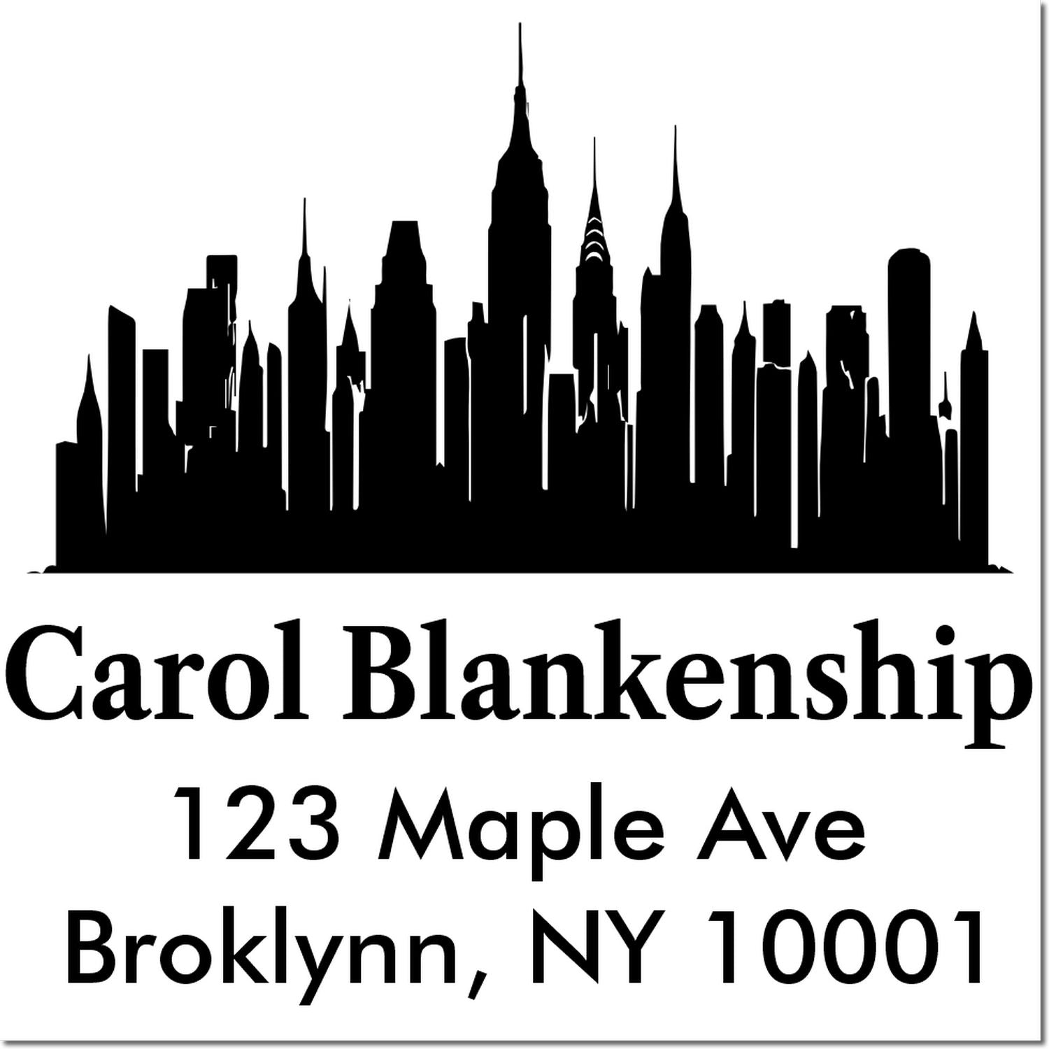 Personalized return address rubber stamp with New York skyline, Carol Blankenship, 123 Maple Ave, Brooklyn, NY 10001.