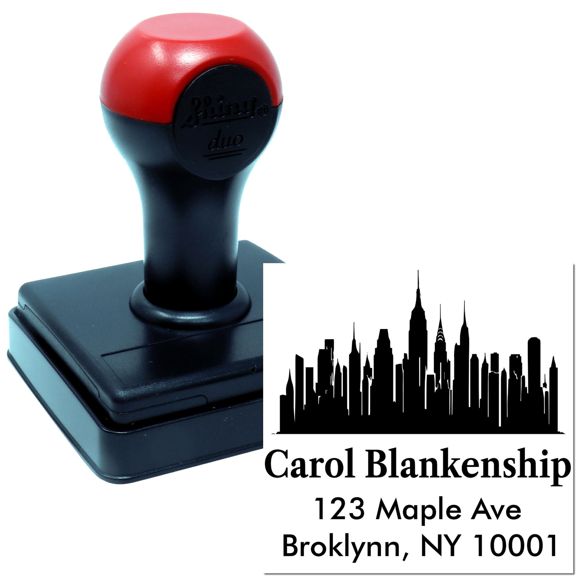 Custom self-inking rubber address stamp with skyline design for Carol Blankenship, Brooklyn, NY 10001.