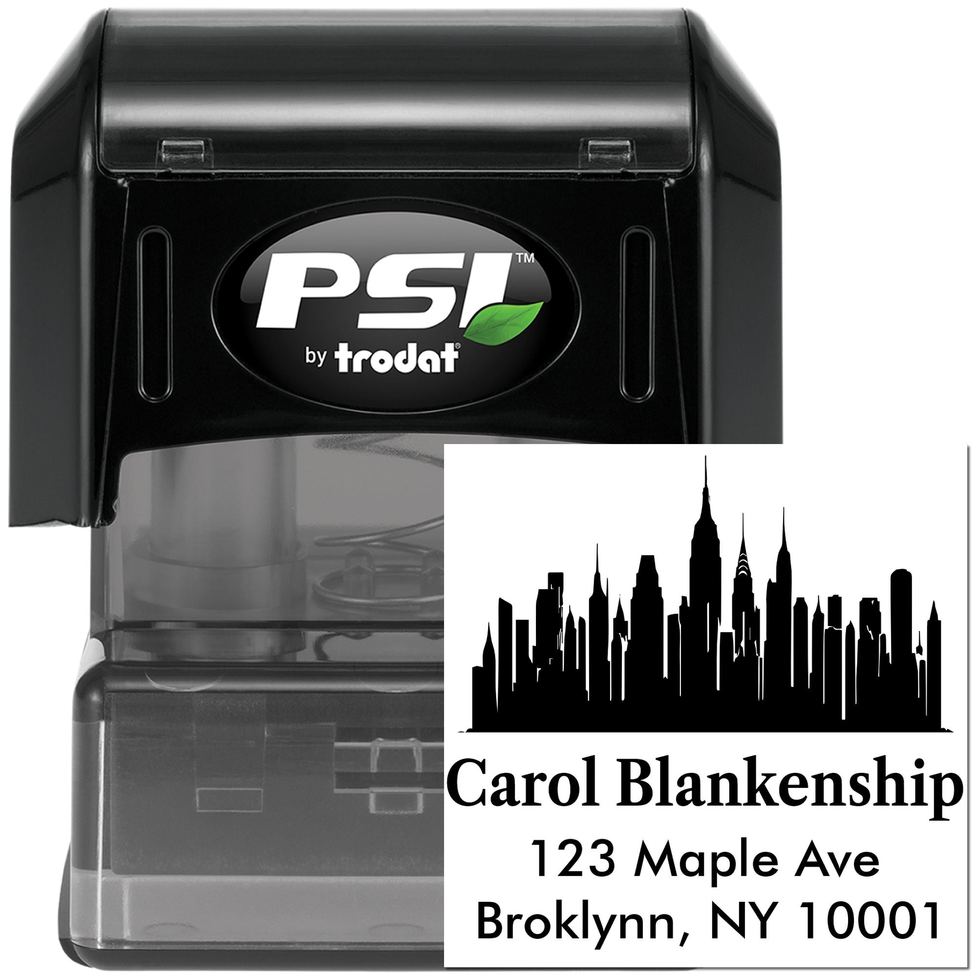 PSI by Trodat self-inking custom address rubber stamp with skyline design for Carol Blankenship, Brooklyn, NY