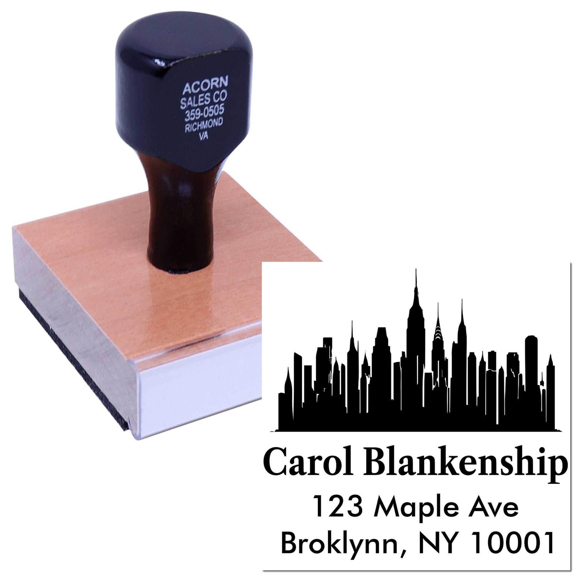 Custom return address rubber stamp with skyline logo, personalized name, street address, and Brooklyn, NY ZIP code.