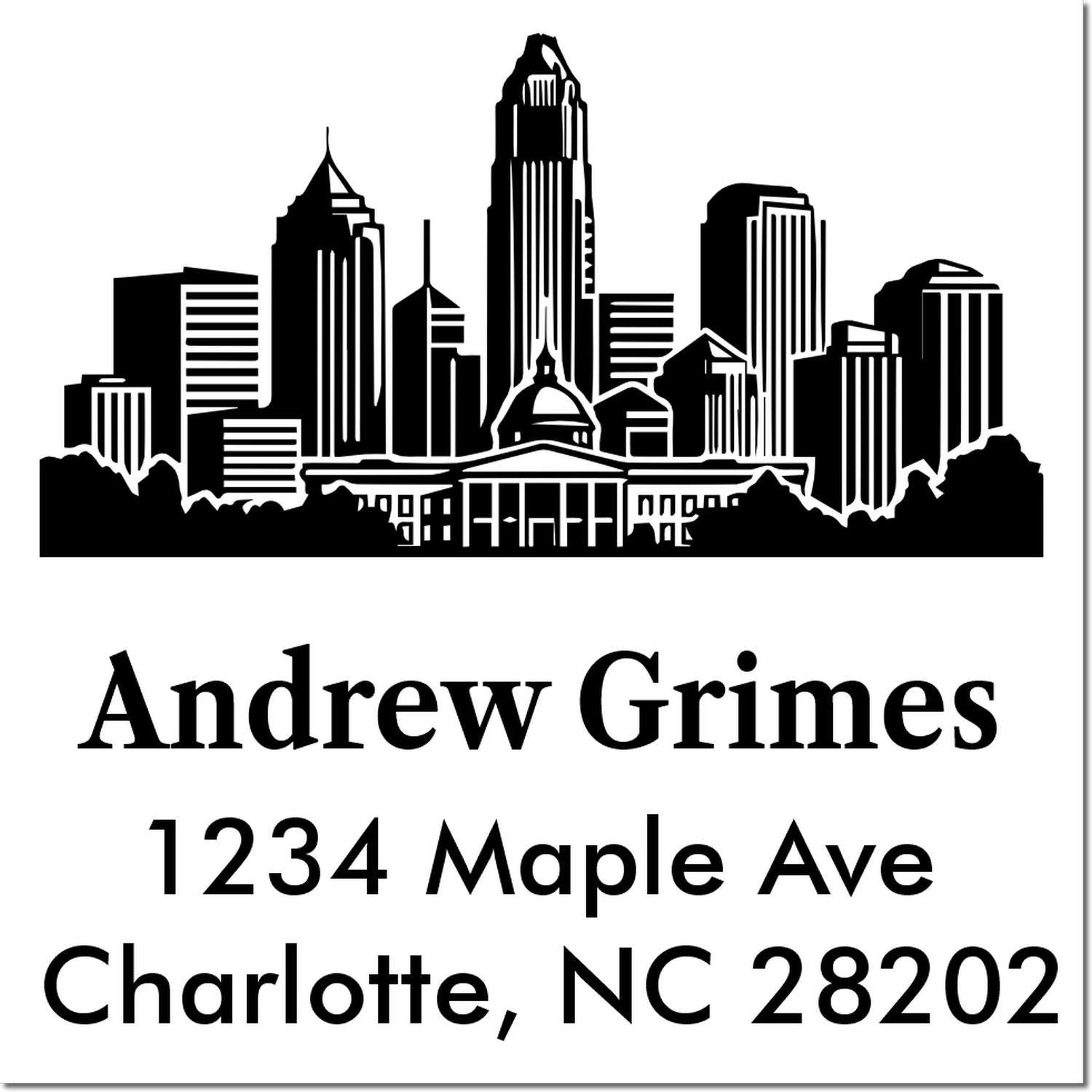 Custom rubber address stamp with Charlotte, NC skyline, Andrew Grimes, and 1234 Maple Ave, Charlotte, NC 28202.