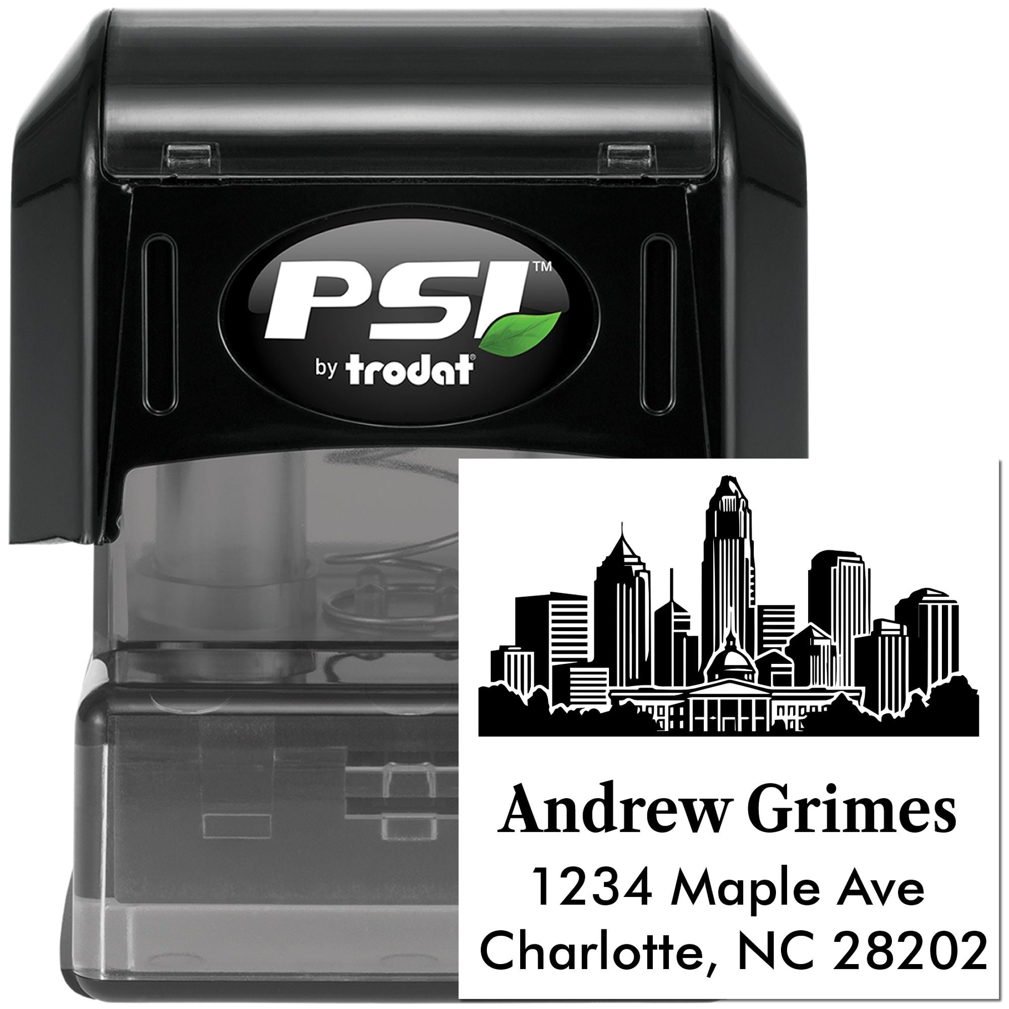 Custom self-inking rubber address stamp by PSI by Trodat with skyline design for Andrew Grimes, Charlotte, NC.