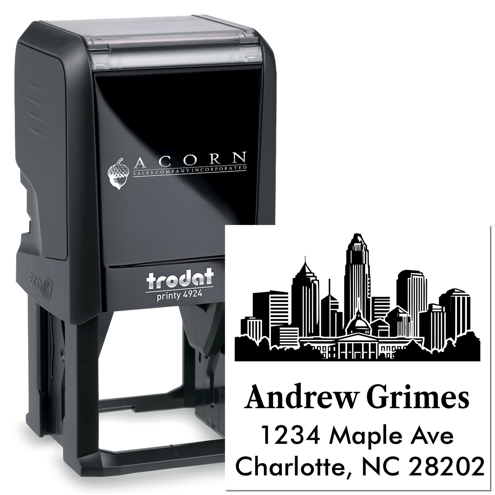 Trodat Printy 4924 custom self-inking rubber address stamp with skyline logo for business mailing and branding.