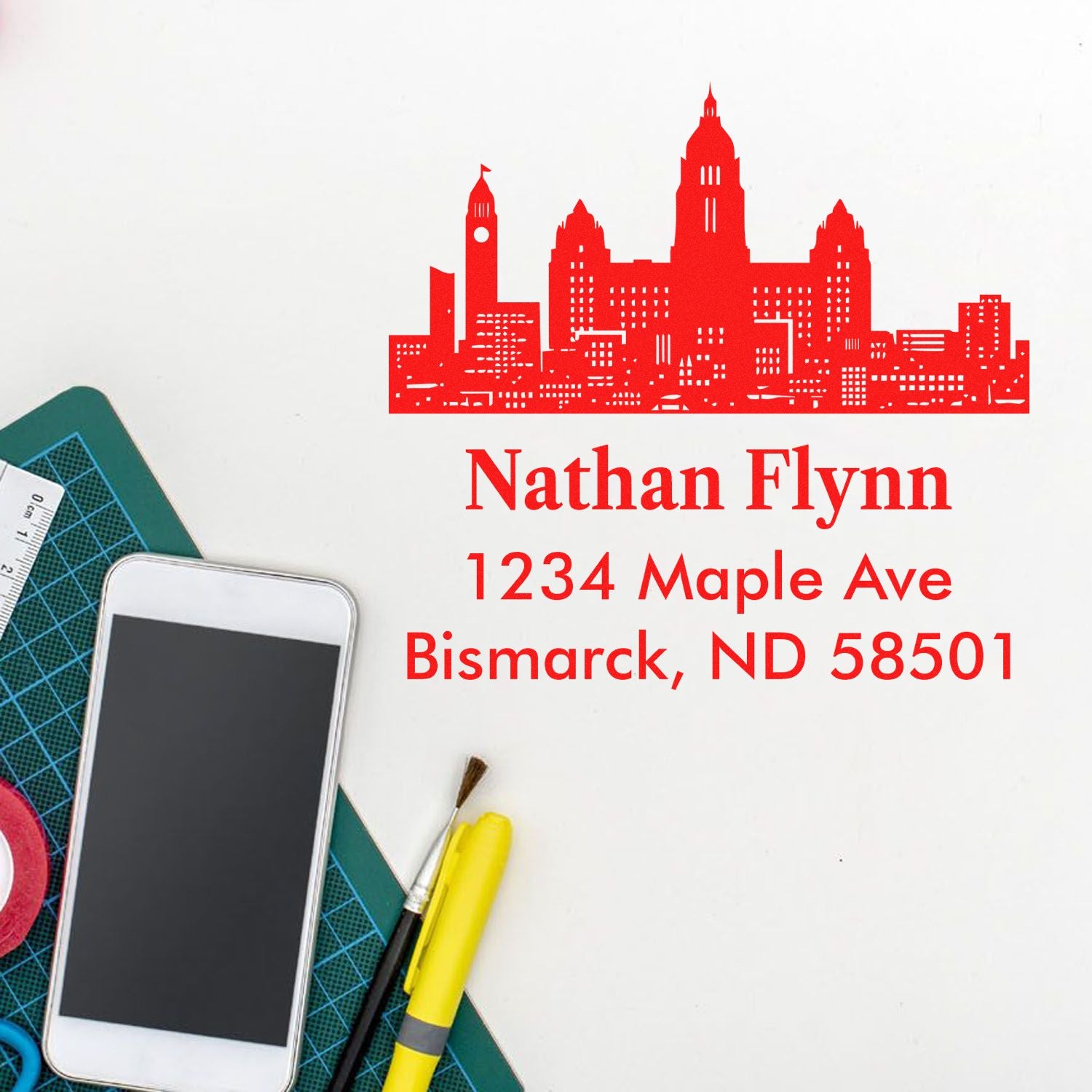 Personalized Bismarck, ND address rubber stamp with skyline design for custom mail, envelopes, and stationery.
