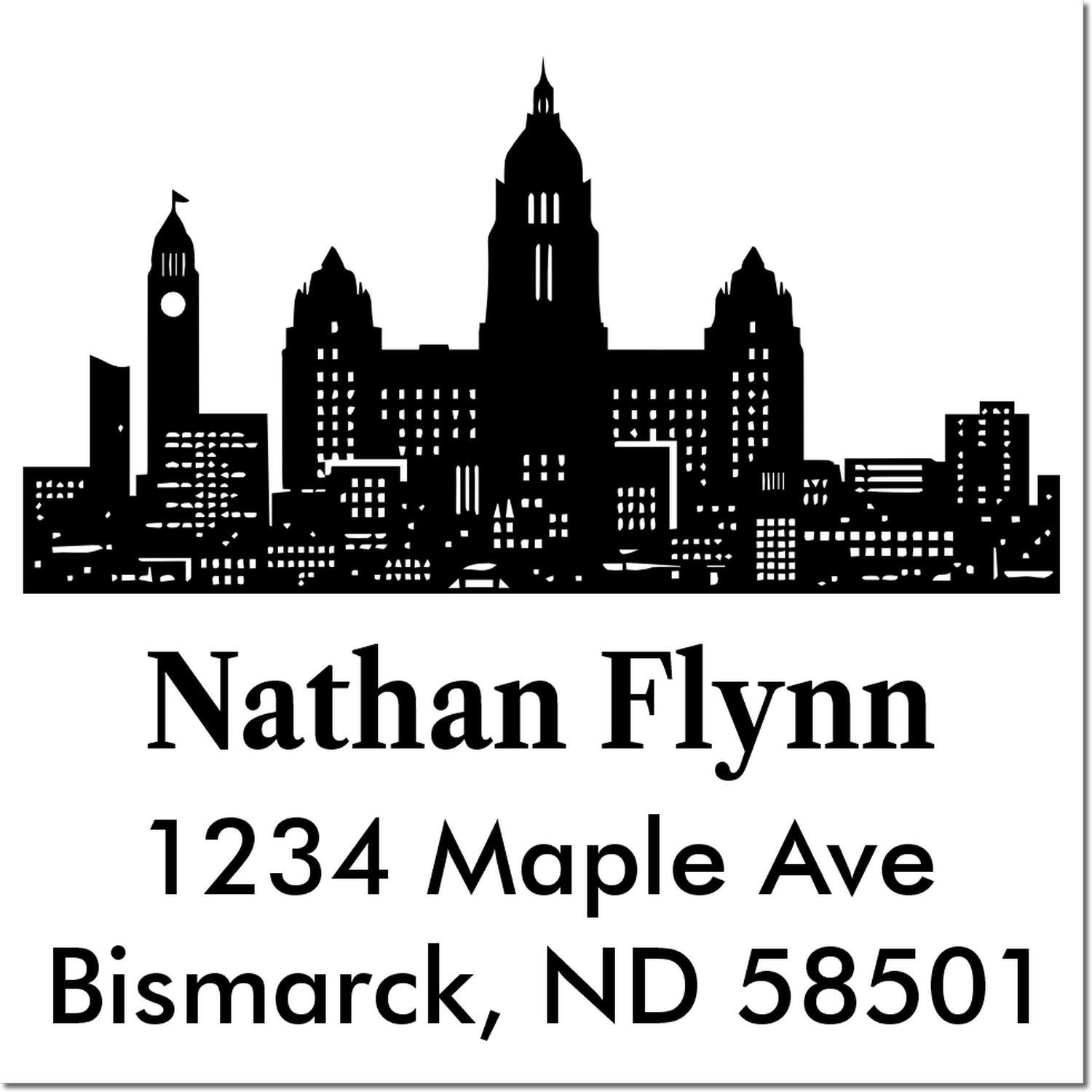 Personalized return address rubber stamp with Bismarck, ND skyline, Nathan Flynn, 1234 Maple Ave, 58501.