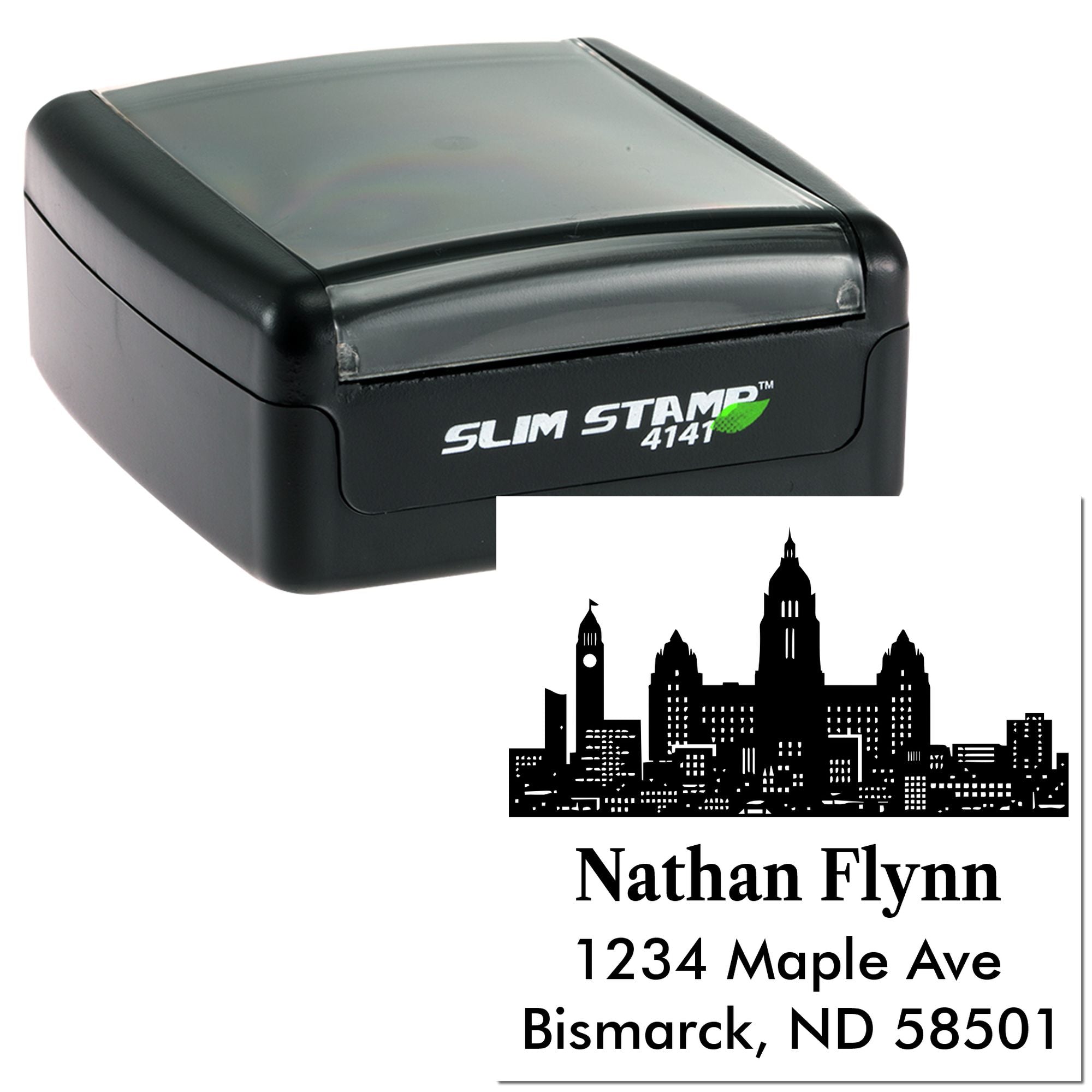Personalized self-inking address rubber stamp with skyline design and Bismarck, ND return address.