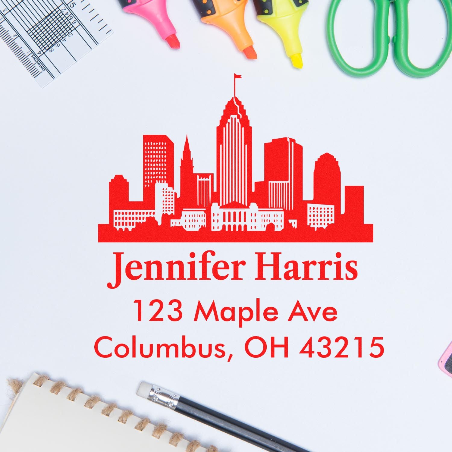 Custom return address rubber stamp with skyline design for Jennifer Harris, 123 Maple Ave, Columbus, OH 43215.
