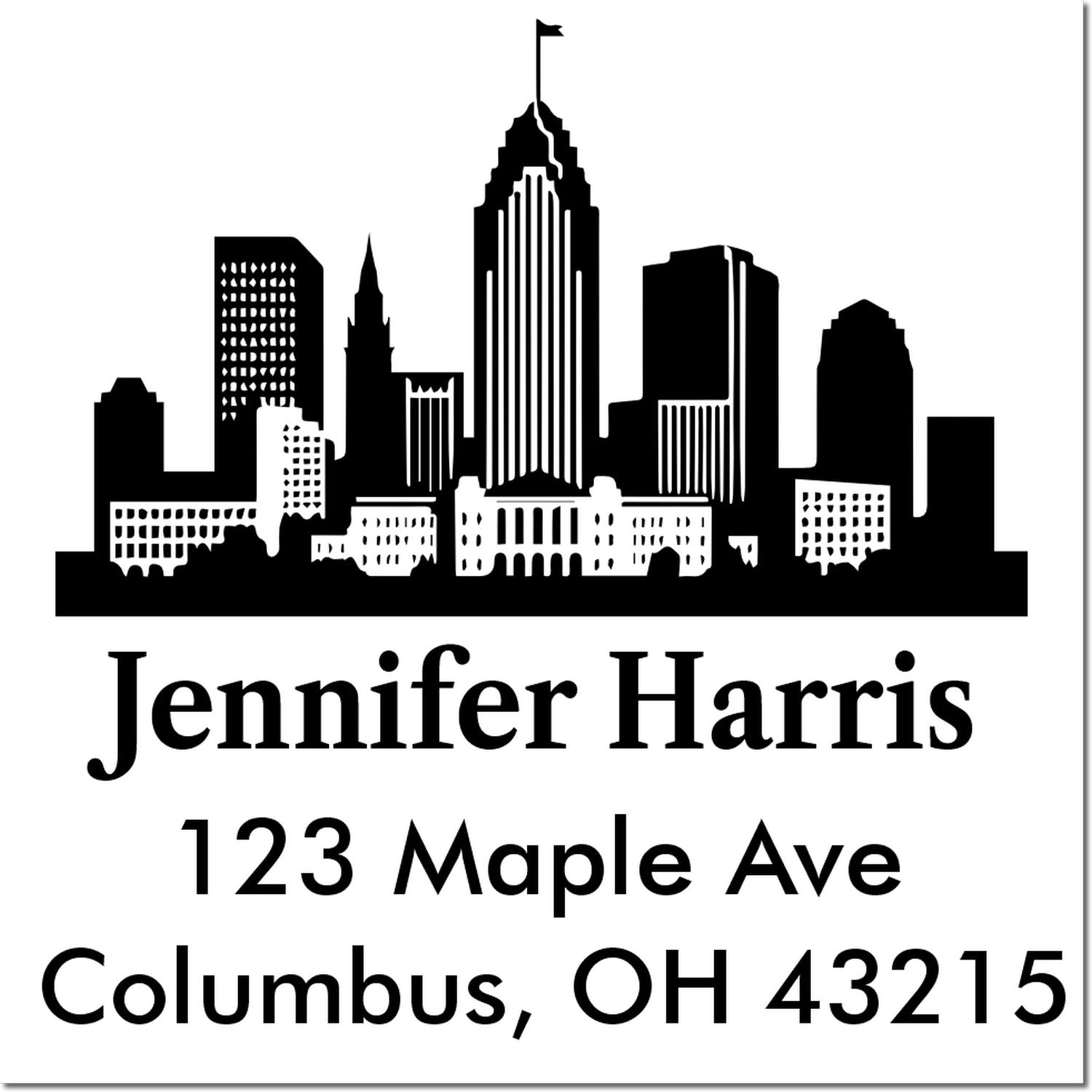 Custom return address rubber stamp with Columbus skyline, Jennifer Harris, 123 Maple Ave, Columbus, OH 43215